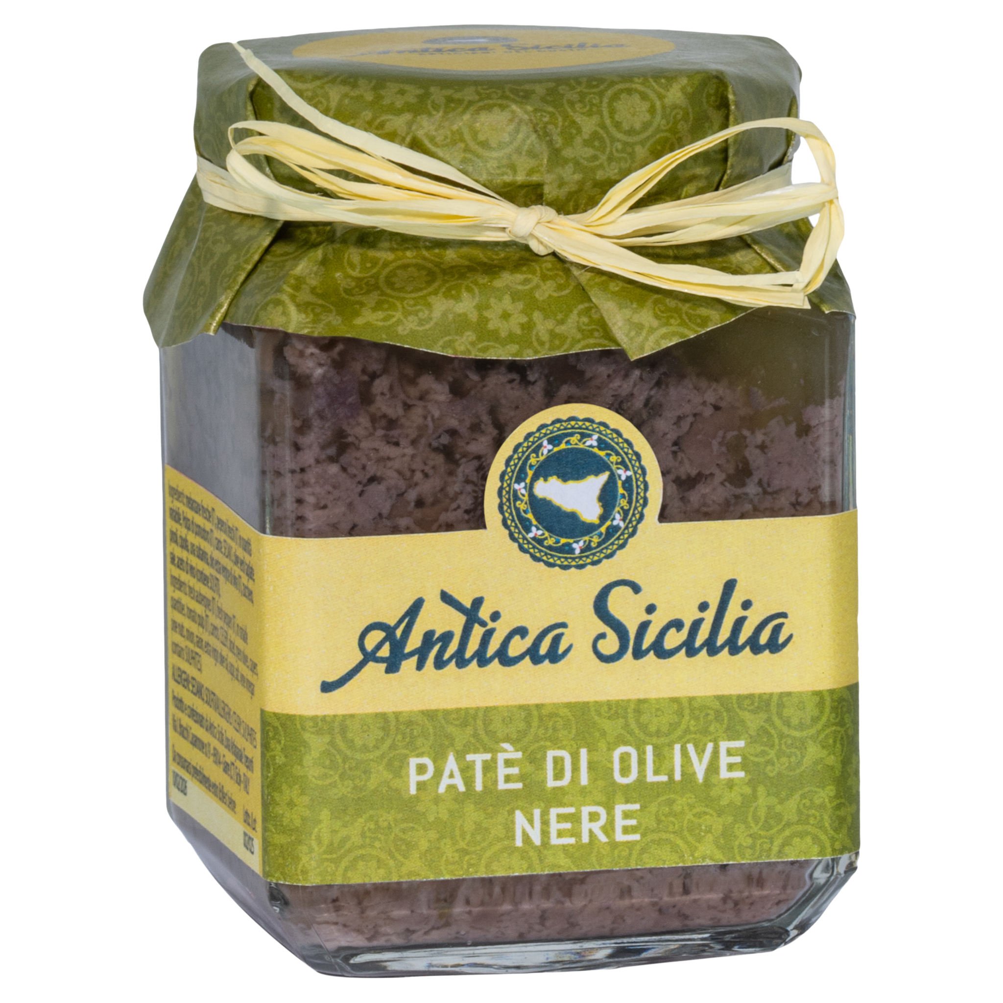 Glas mit Antica Sicilia Patè di Olive Nere. Grüner Deckel mit gelber Schleife, Sizilien-Logo auf gelbem Etikett.