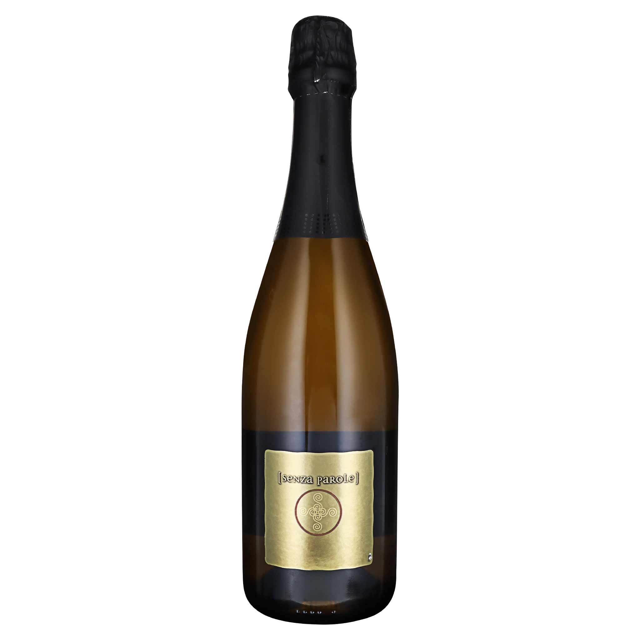 Flasche des Vino Frizzante d'Italia Senza Parole Rotwein aus Apulien, Italien.