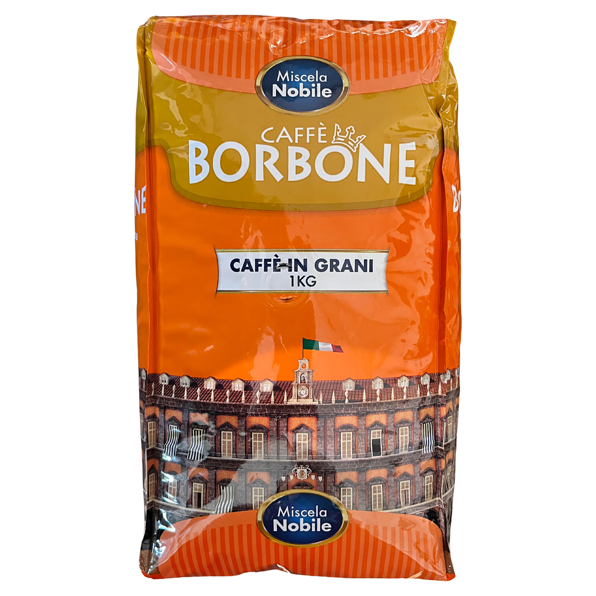 Orange-goldene Verpackung von Caffè Borbone Miscela Nobile Kaffeebohnen, 1kg. Abbildung eines historischen Gebäudes mit…