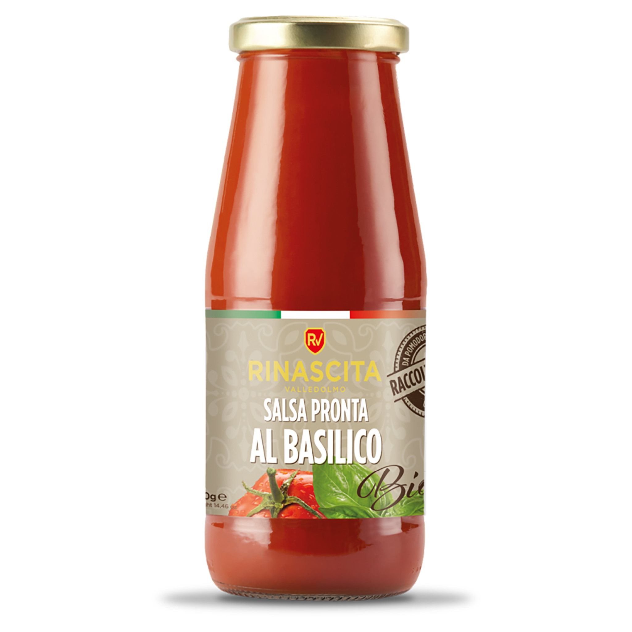 Glasflasche Rinascita Salsa Pronta al Basilico. Rote Tomatensauce mit Basilikum, goldener Deckel, auf weissem…