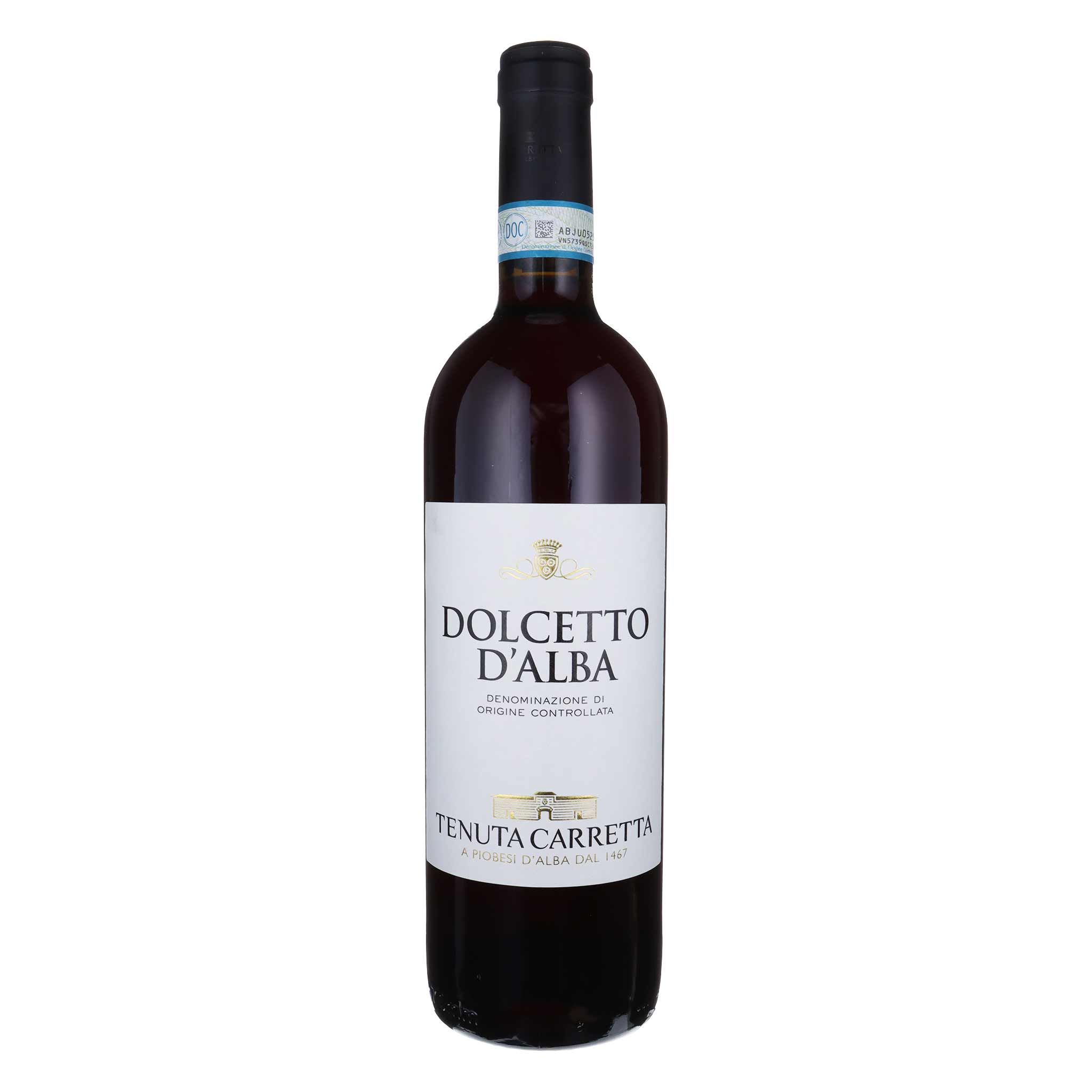 Flasche des Tenuta Carretta Dolcetto d'Alba 2022 Rotweins aus Piemont, Italien.