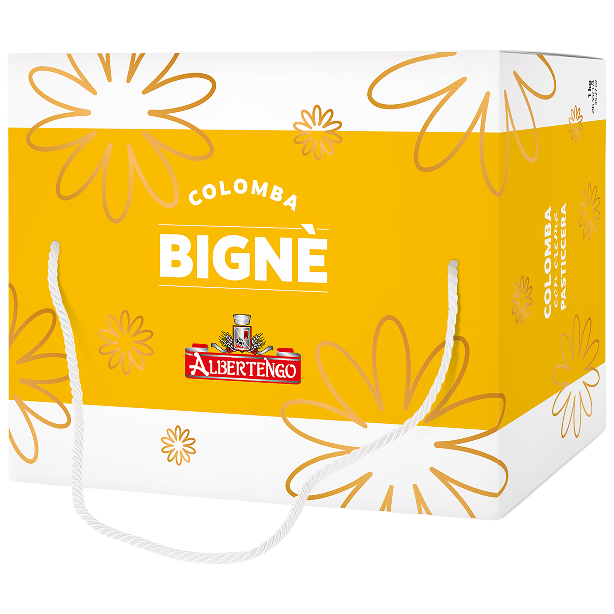 Weisse und gelbe Albertengo Colomba Bignè Geschenkbox mit goldenen Blumen, weissen Tragegriffen und 1 kg Gewicht.