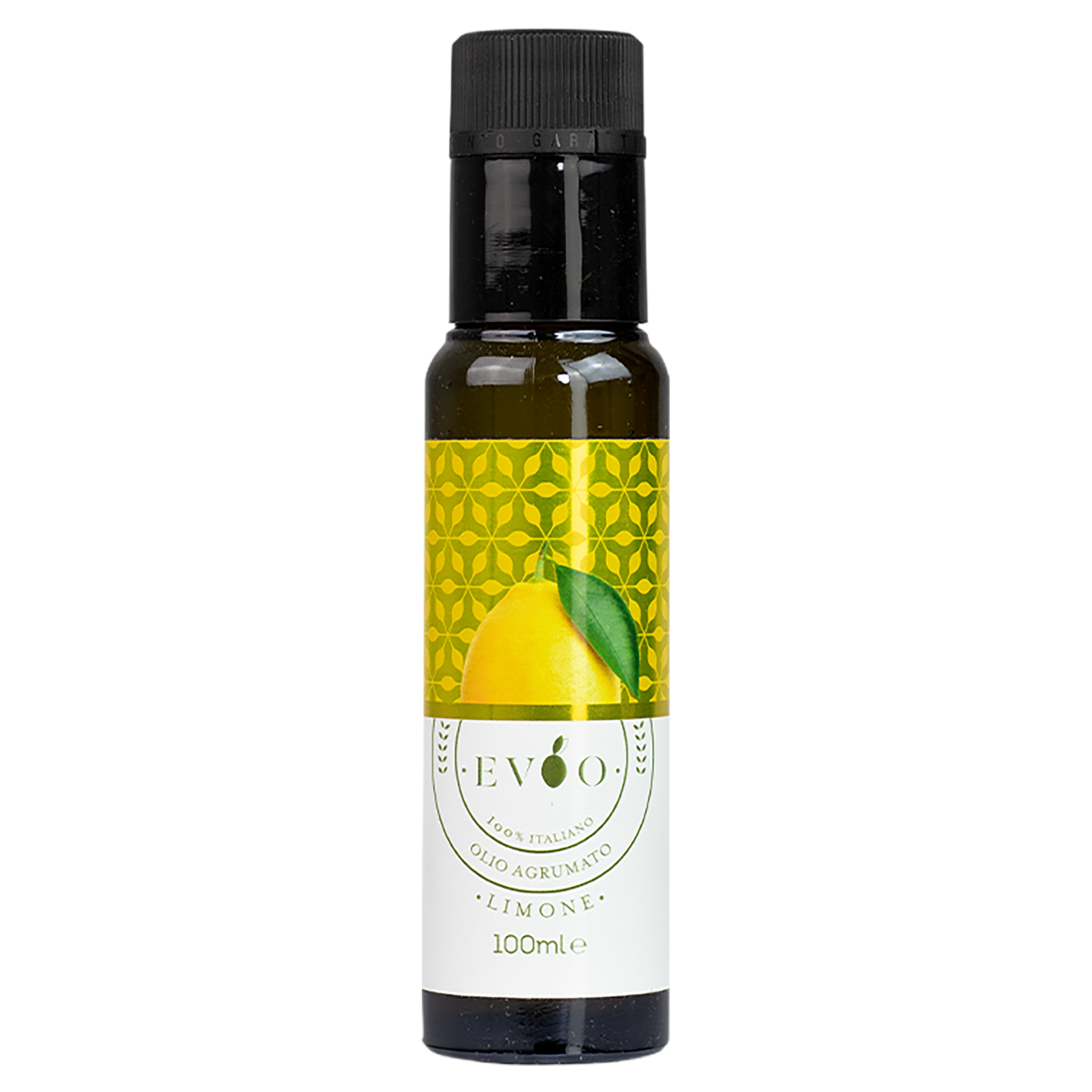 Dunkelgrüne Flasche mit schwarzem Deckel, gelb-weissem Etikett mit Zitrone. Aufschrift: EVOO Olio Agrumato Limone 100ml.