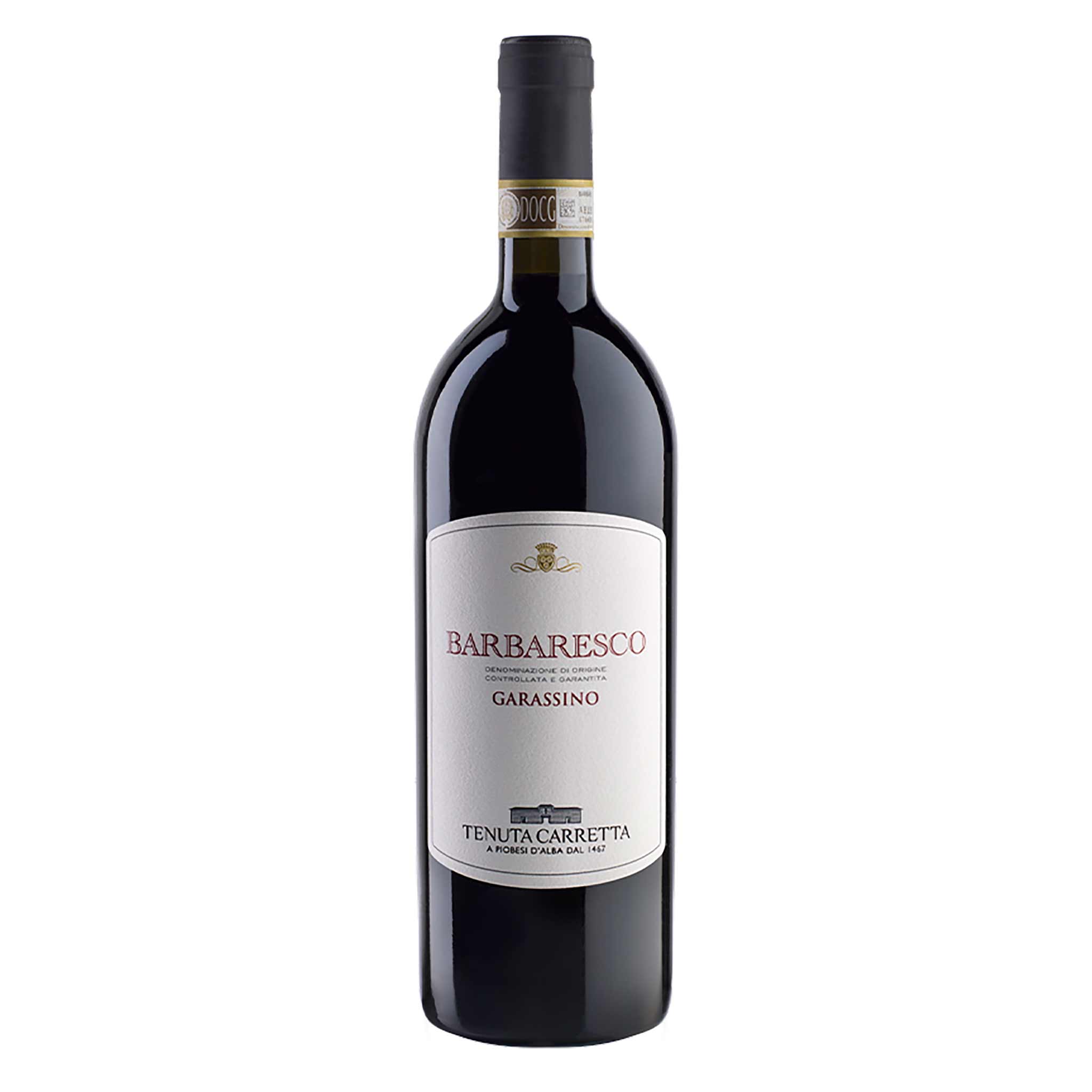 Flasche des Tenuta Carretta, Barbaresco Garassino DOC 2020 Rotweins aus dem Piemont, Italien.