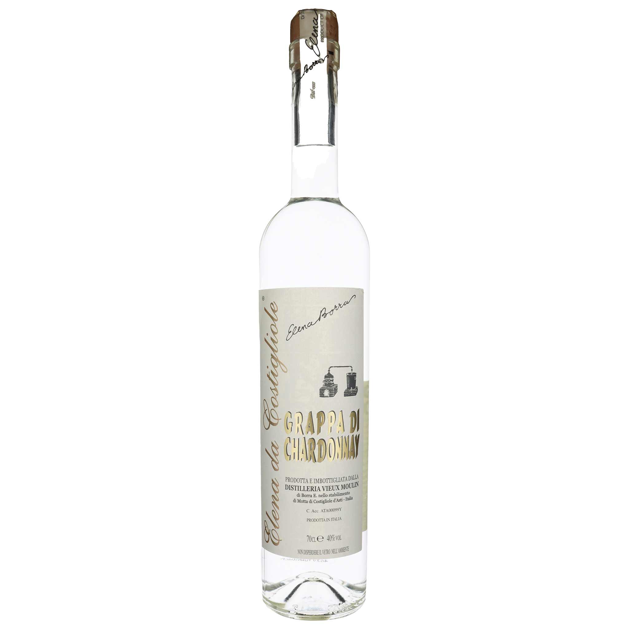 Flasche Elena da Costigliole Grappa monovitigno Chardonnay, 40° aus Piemont, Italien.