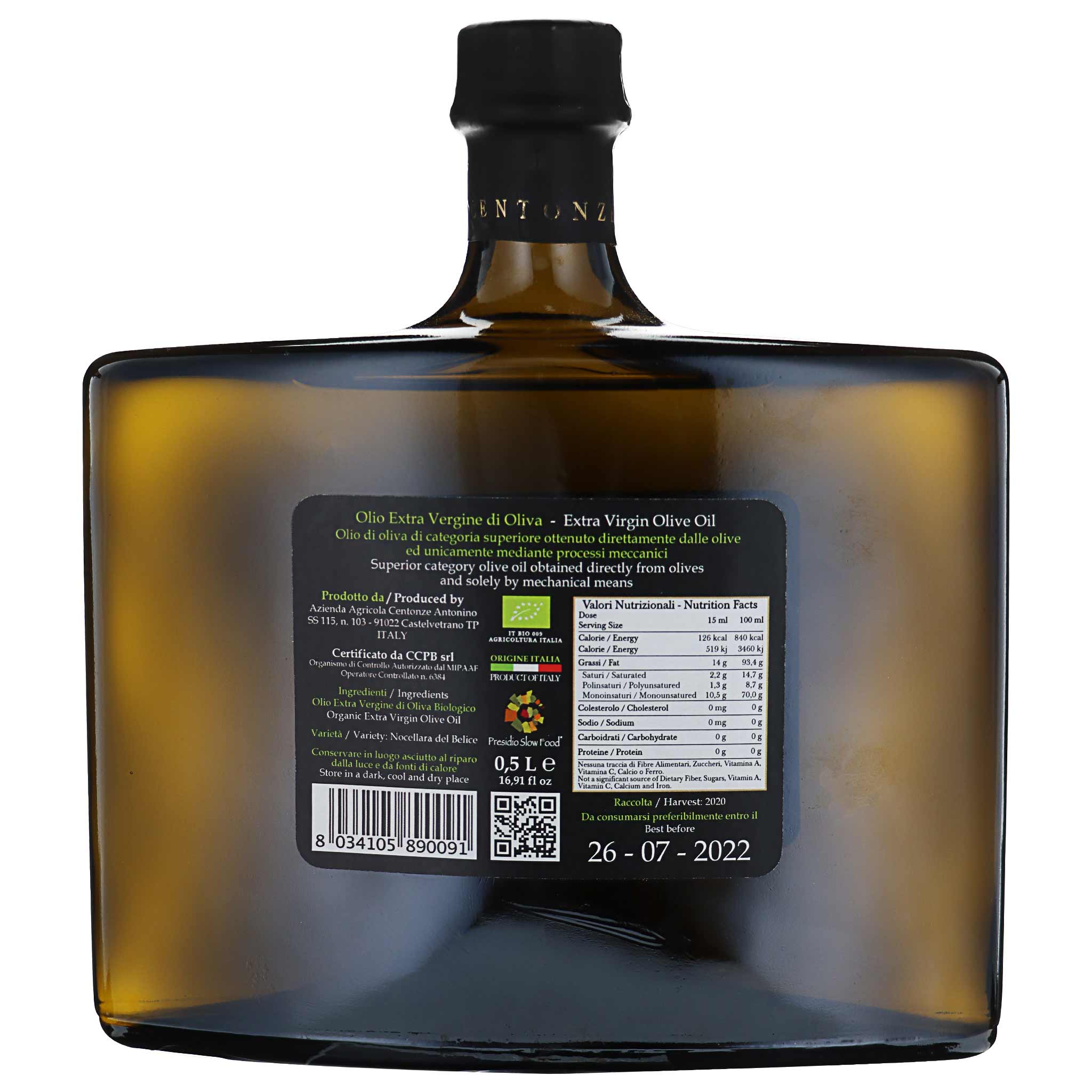 Dunkle Glasflasche Centonz Olio Extra Vergine di Oliva mit Etikett, Bio-Zertifizierung und Nährwertangaben.
