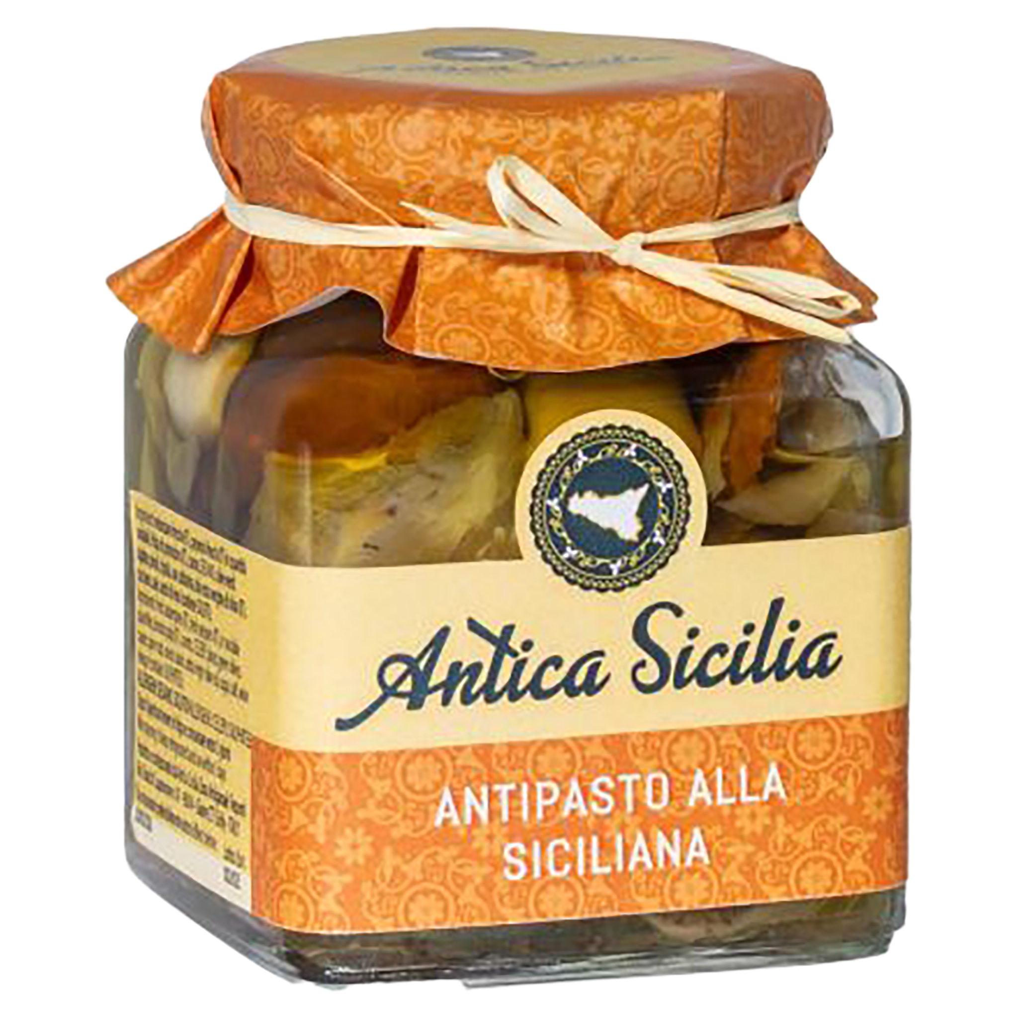 Glasgefäss mit Antica Sicilia Antipasto alla Siciliana, Deckel mit orangefarbenem Tuch und Schleife, Sizilien-Logo.
