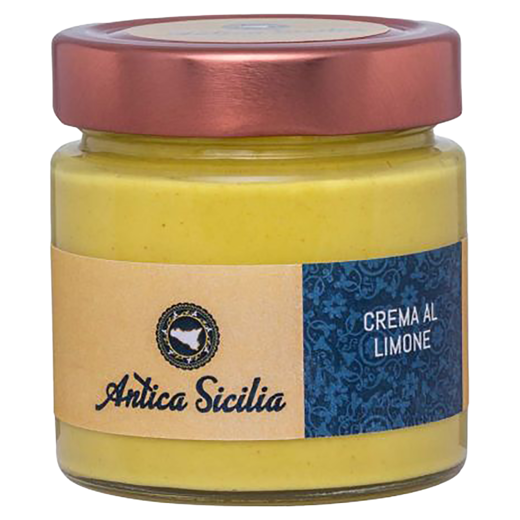 Glas mit gelber Zitronencreme von Antica Sicilia. Braunes Etikett mit Sizilien-Logo und Aufschrift 'Crema al Limone'.