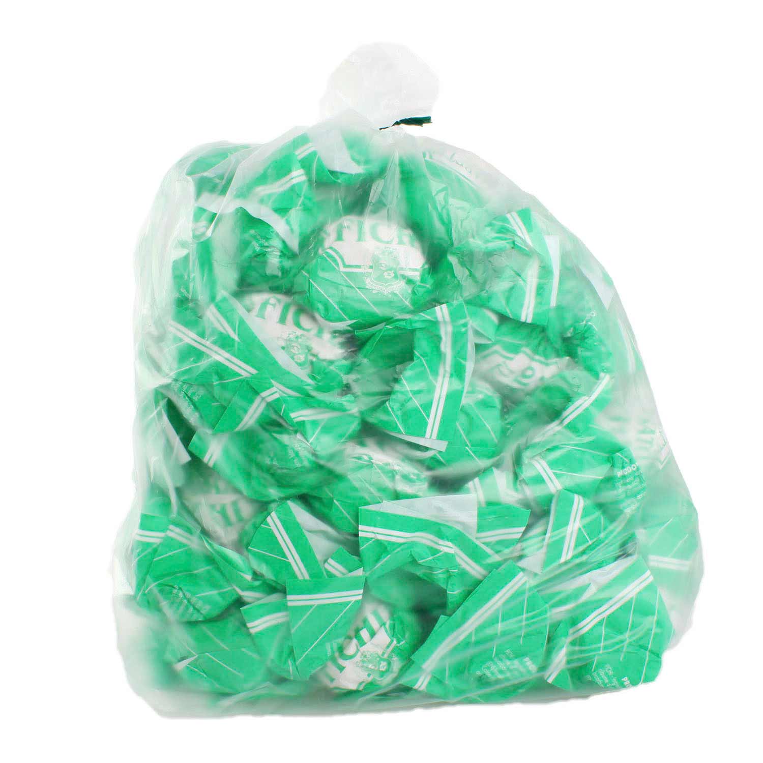 Transparenter Plastikbeutel gefüllt mit vielen einzeln verpackten, grünen Bonbons der Marke Pico mit weissen Streifen.