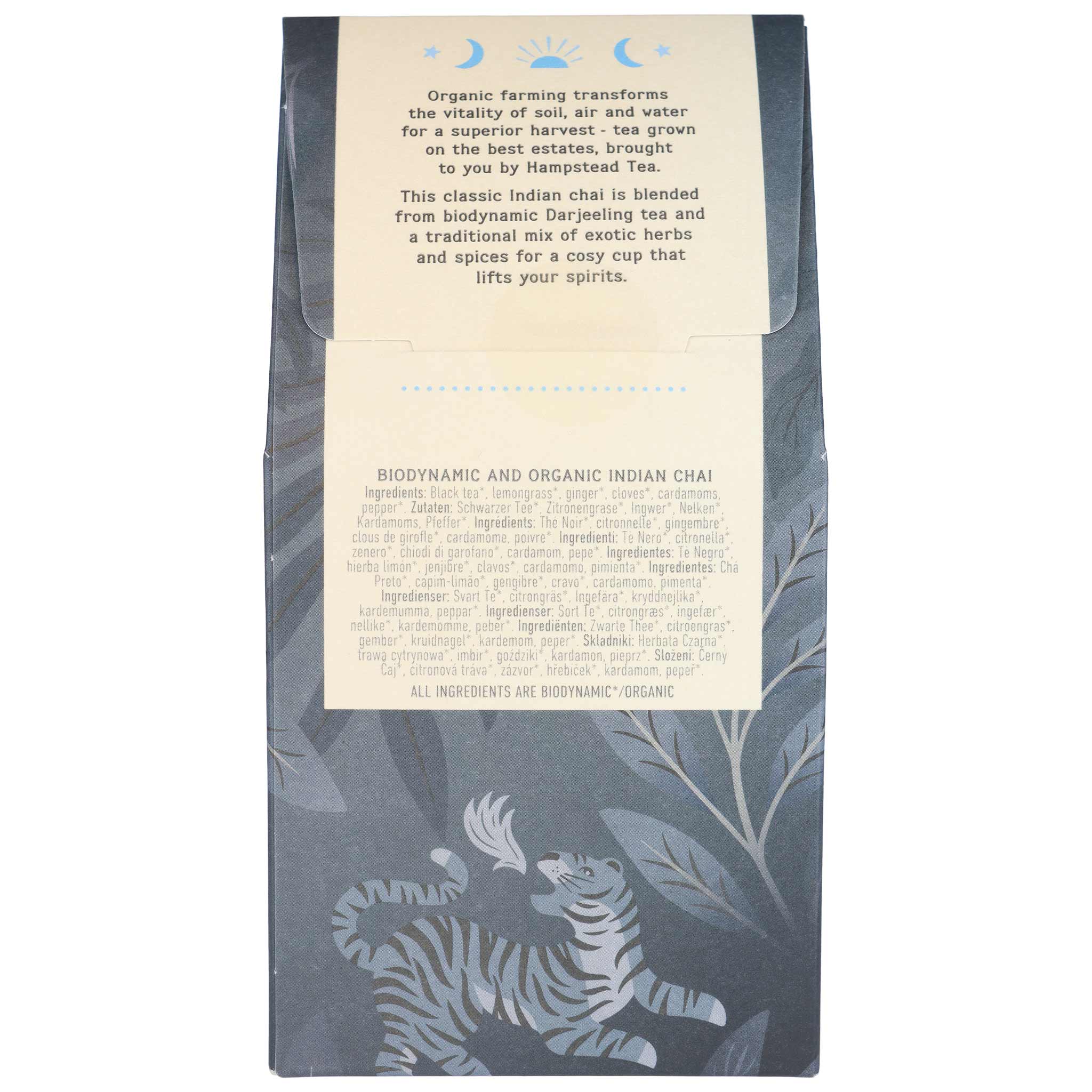 Hampstead Tea Indian Chai Teepackung mit Text zu Bio-Anbau und Zutaten, unten Tiger-Illustration.