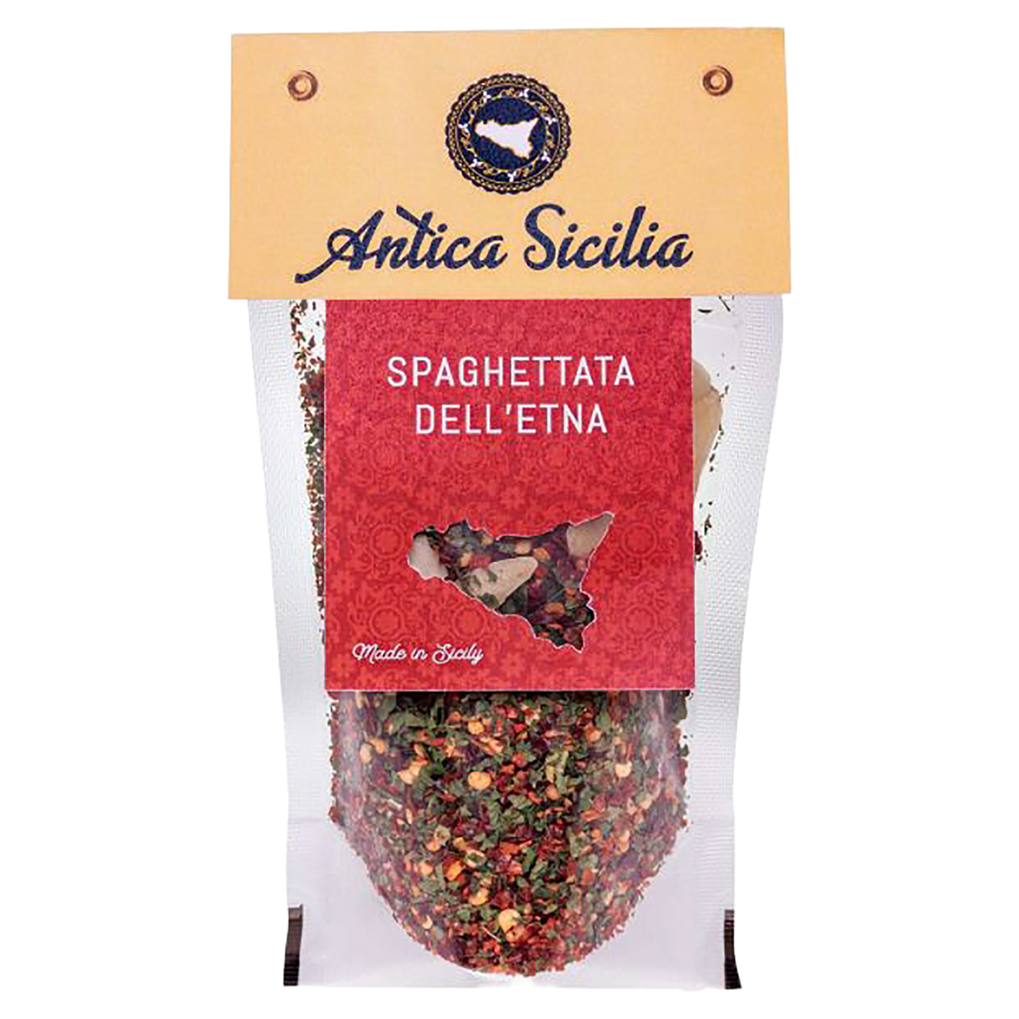 Antica Sicilia Spaghettata dell'Etna Gewürzmischung in transparenter Verpackung mit rotem Etikett, Sizilien-Ausschnitt…