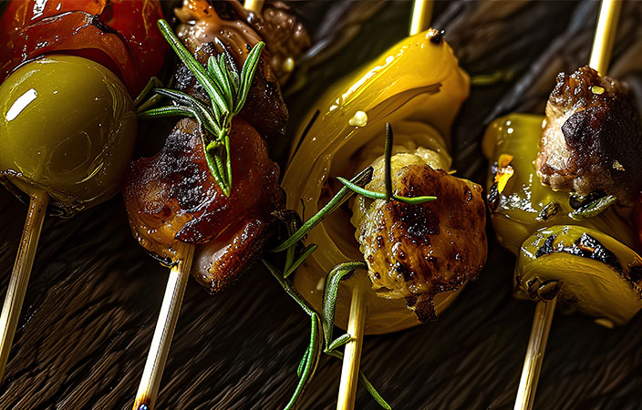 Gegrillte Gemüse-Spiesse mit Oliven, Peperoni und Rosmarin auf dunklem Holz – mediterrane Antipasti