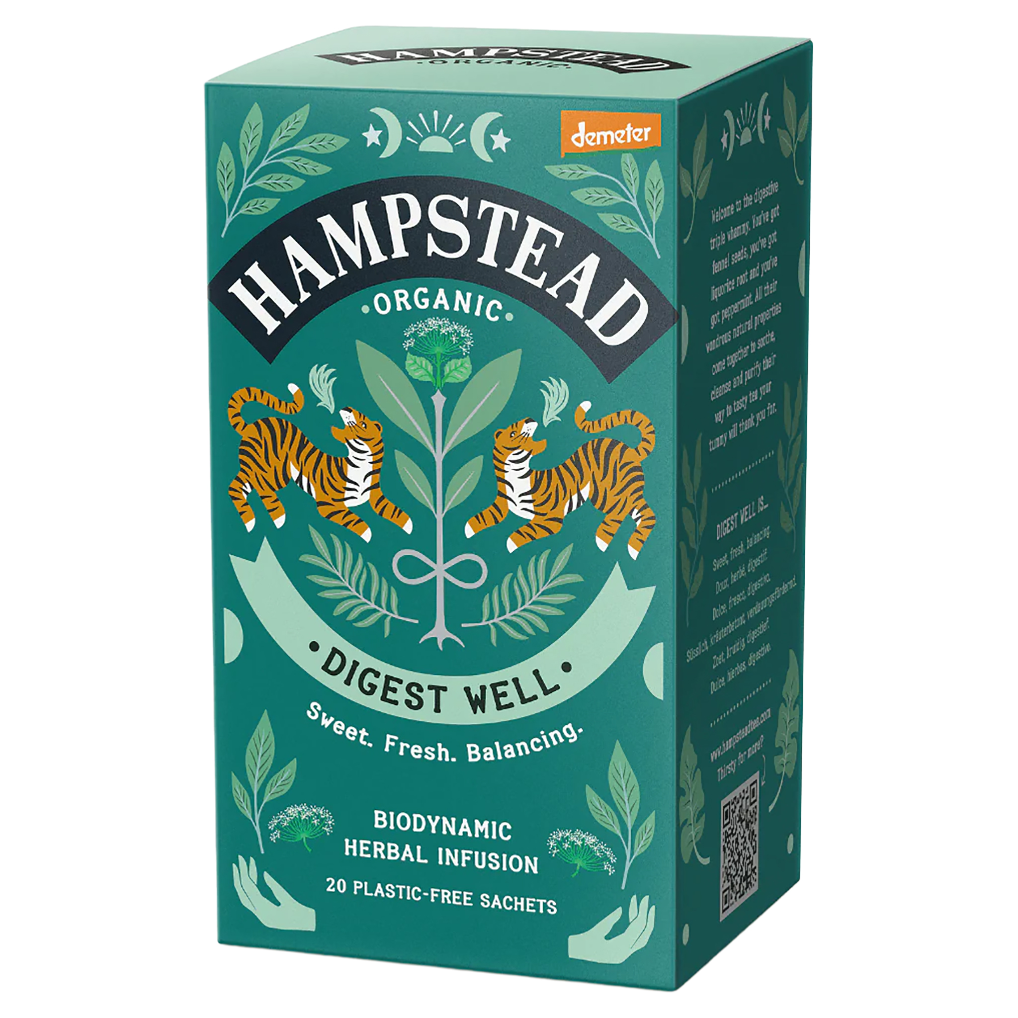 Grüne Teepackung Hampstead Organic Digest Well mit zwei Tigern und Pflanzenmotiv. Demeter-zertifizierte…
