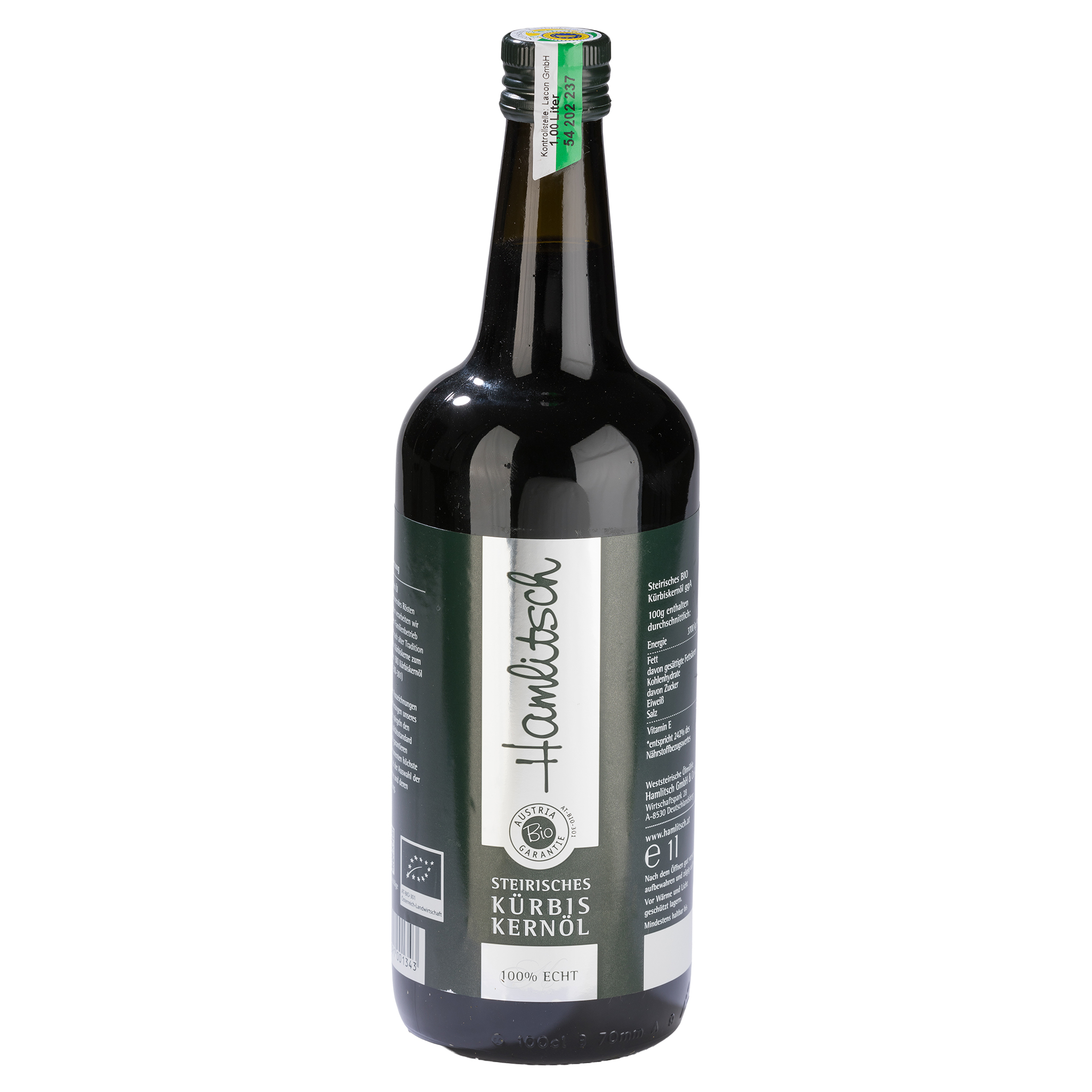 Dunkelgrüne Flasche Hamlitisch Steirisches BIO Kürbiskernöl, 1,00 Liter, mit grüner Etikette und Bio-Siegel.