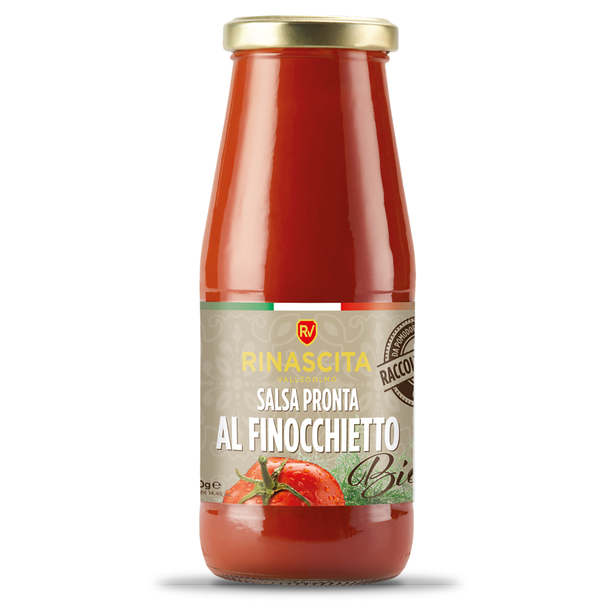 Flasche Rinascita Salsa Pronta al Finocchietto mit goldener Kappe. Etikett zeigt Tomate, Bio-Hinweis und italienische…