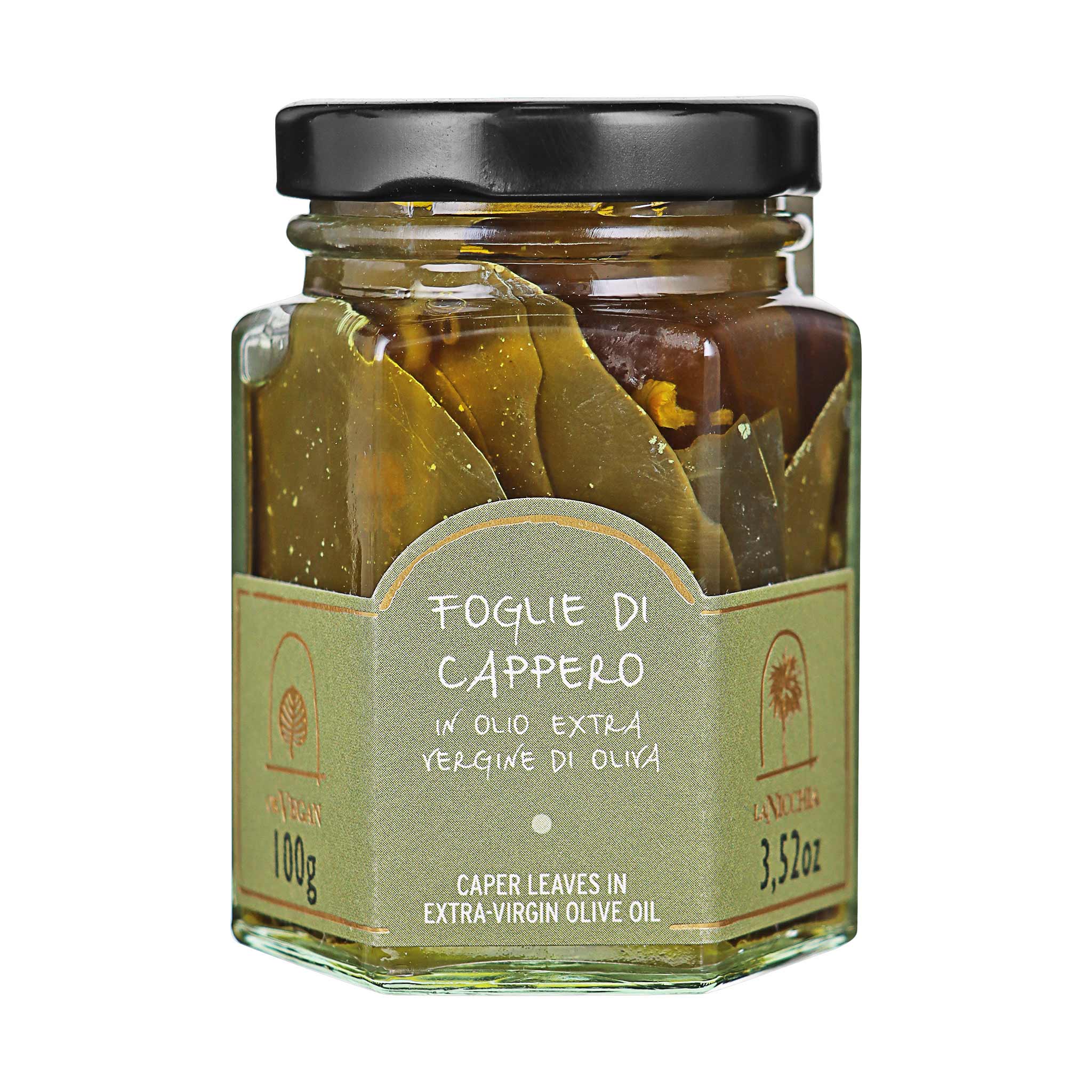 La Nicchia Foglie di Cappero in Olivenöl, 100g Glas aus Sizilien von Bonomo und Giglio.