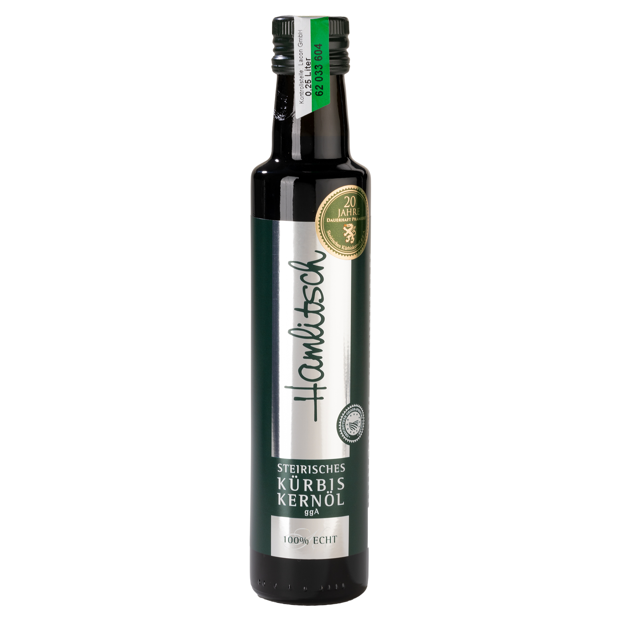 Dunkle Glasflasche Hamlitisch Steirisches Kürbiskernöl ggA, 0.25 Liter, mit silber-grünem Etikett und goldenem Siegel.