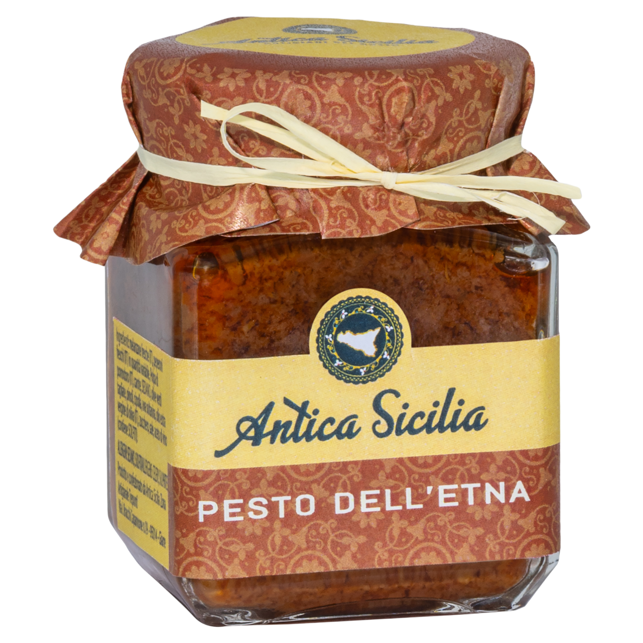 Antica Sicilia Pesto dell'Etna im Glas, mit gelbem Etikett und rotem Stoffdeckel, weisse Schleife.