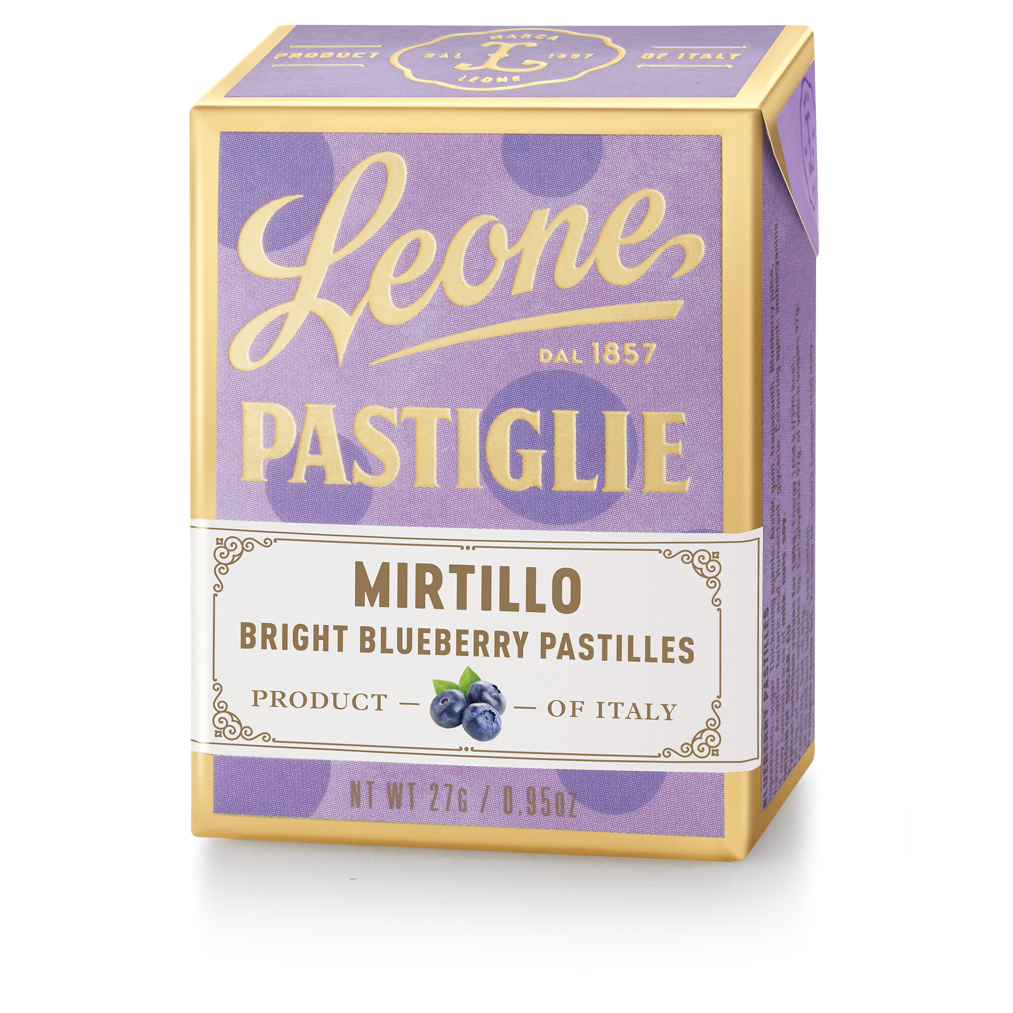 Leone Pastiglie Mirtillo, violette Schachtel mit goldenem Schriftzug und Heidelbeer-Illustration, Produkt aus Italien.
