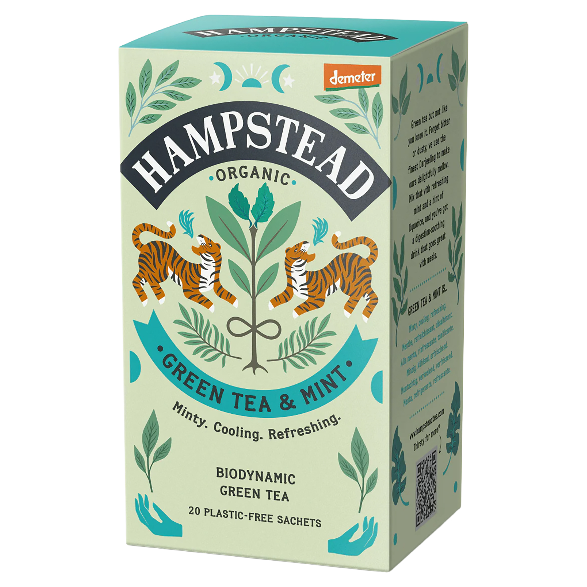 Hampstead Organic Green Tea & Mint Teepackung mit Tigern und Pflanzenmotiv. Demeter-zertifiziert, 20 plastikfreie…