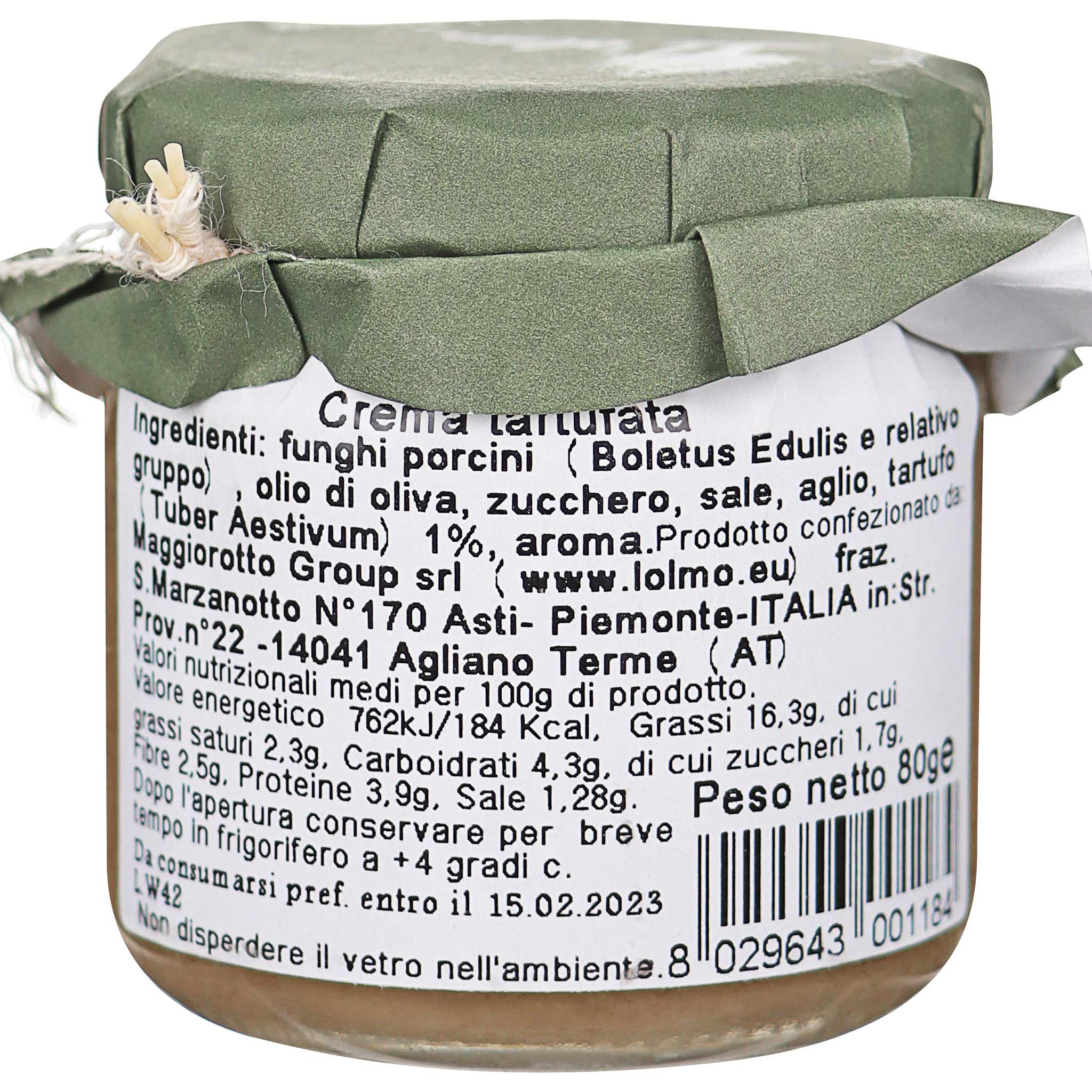 Kleines Glas Maggiorotto Trüffelcreme aus Piemont, Italien. Grüner Deckel, weisses Etikett mit Zutaten und 80g…