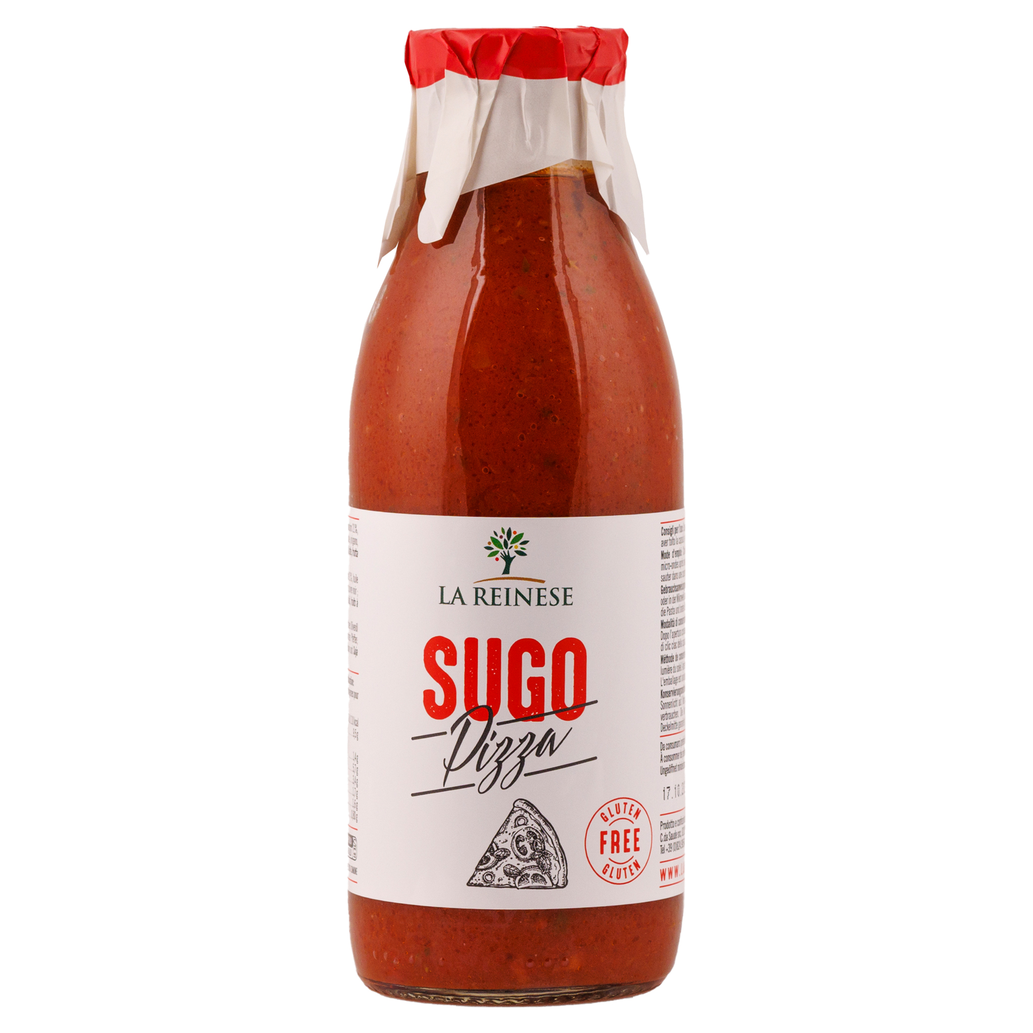 Glasflasche mit roter Pizza-Sauce La Reinese Sugo Pizza. Label zeigt Baum-Logo, Pizzastück-Illustration und Hinweis…