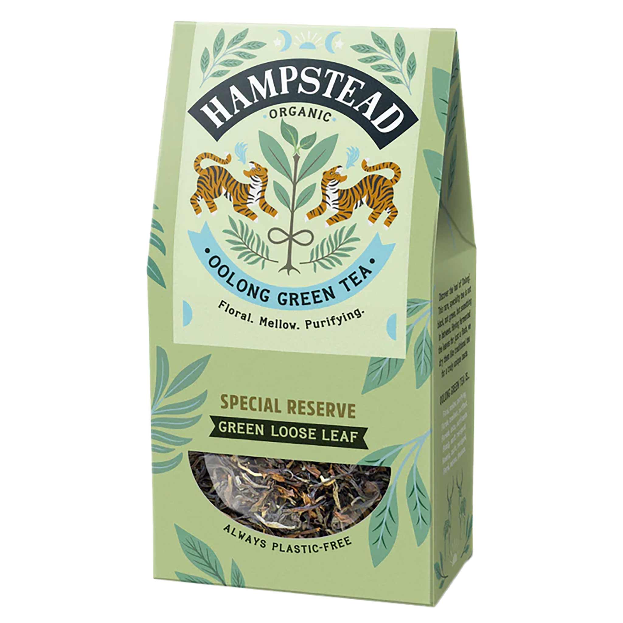 Hampstead Organic Oolong Green Tea Verpackung, hellgrün, mit Tigern, Pflanzenmotiv und losem Blatt-Tee