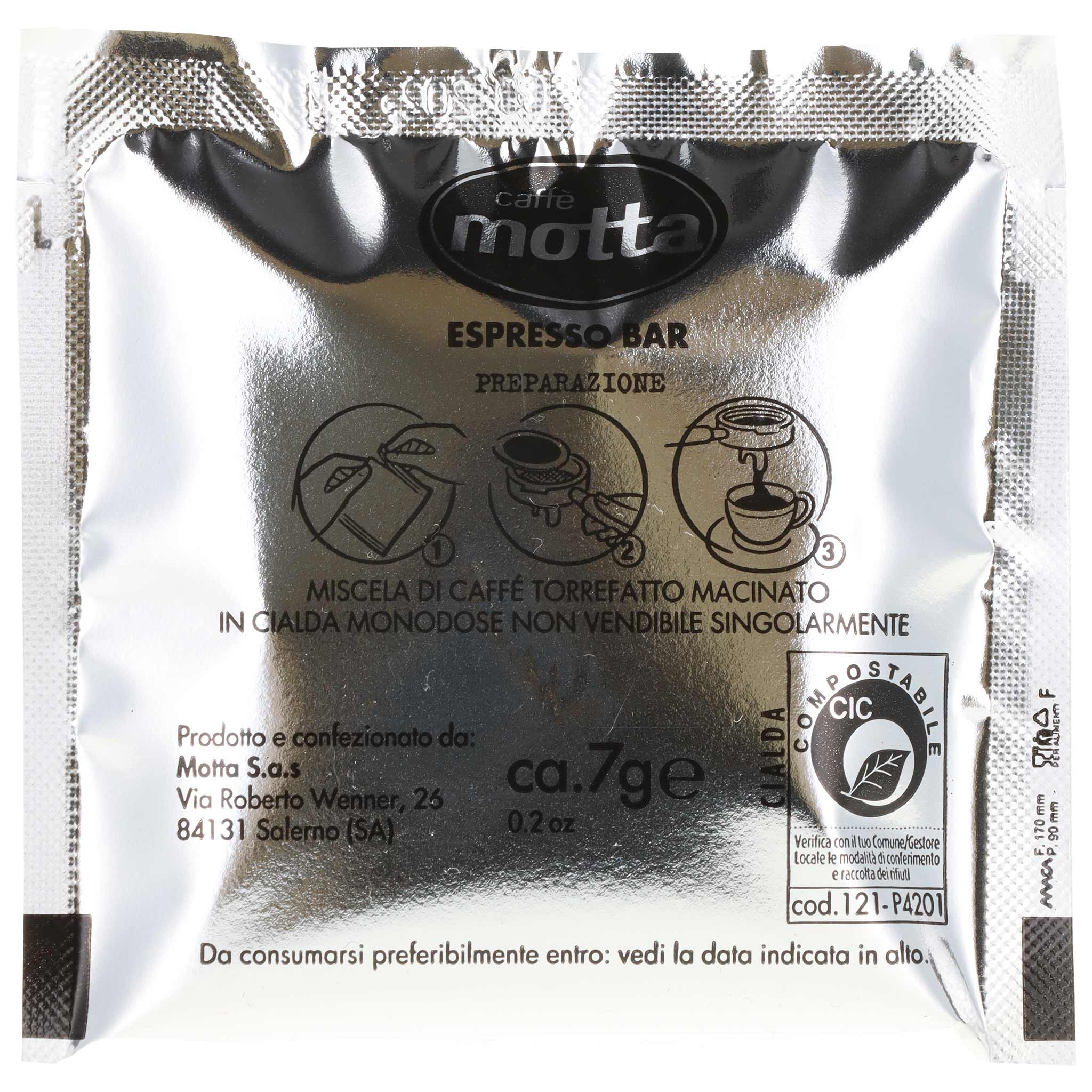 Silberne Einzelverpackung für Caffè Motta Espresso Bar Kaffeepads, 7g, mit Zubereitungsanleitung und Herstellerangaben.