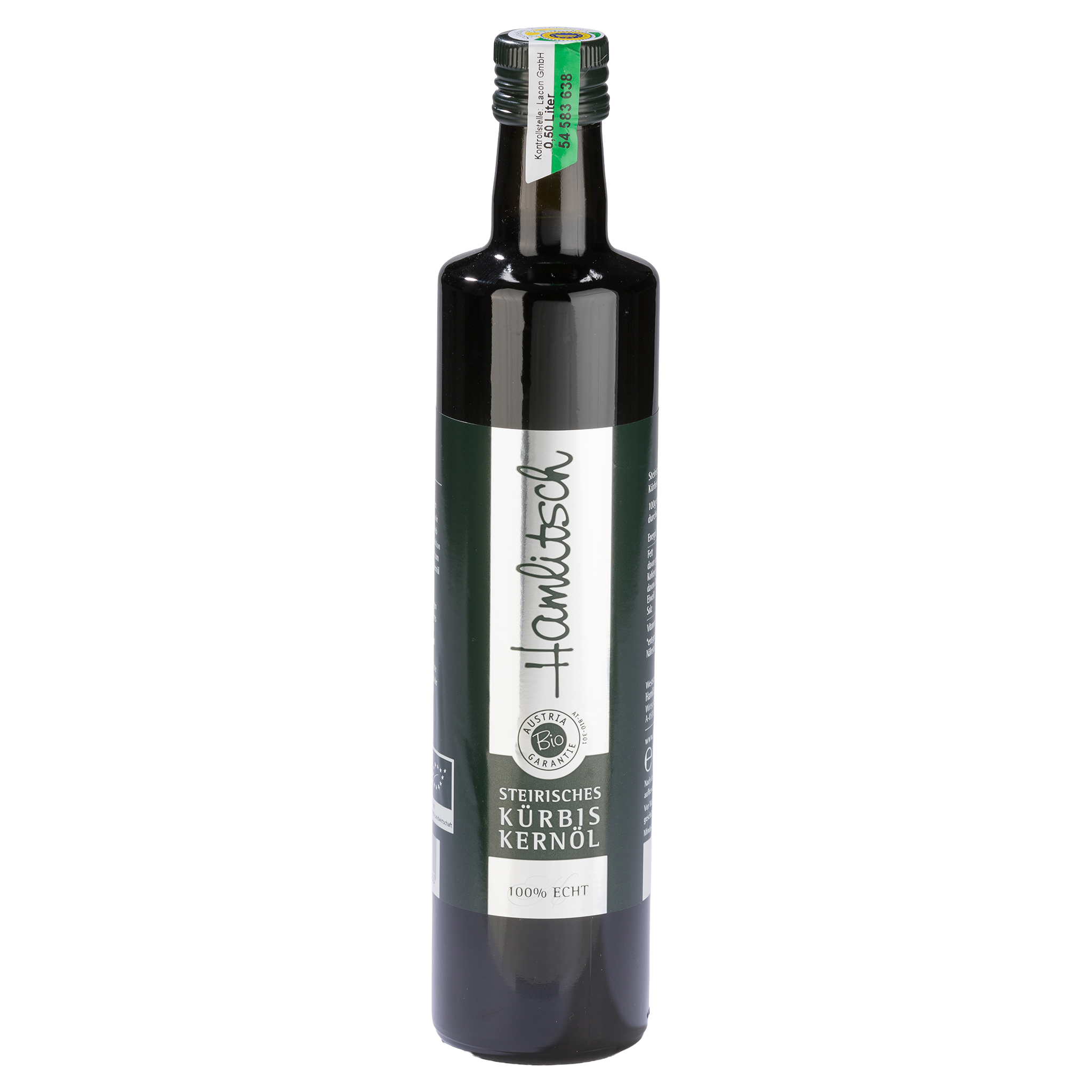 Dunkle Glasflasche Hamlitisch Steirisches Kürbiskernöl, 0.50 Liter, mit Bio Garantie Label auf weissem Hintergrund.