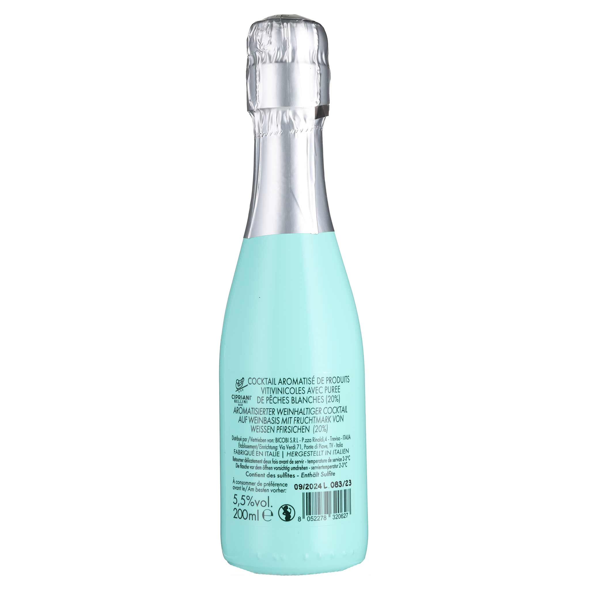 Hellblaue Flasche Cipriani Bellini Cocktail mit weissem Pfirsichpüree, 200ml, 5.5% vol., silberner Verschluss.
