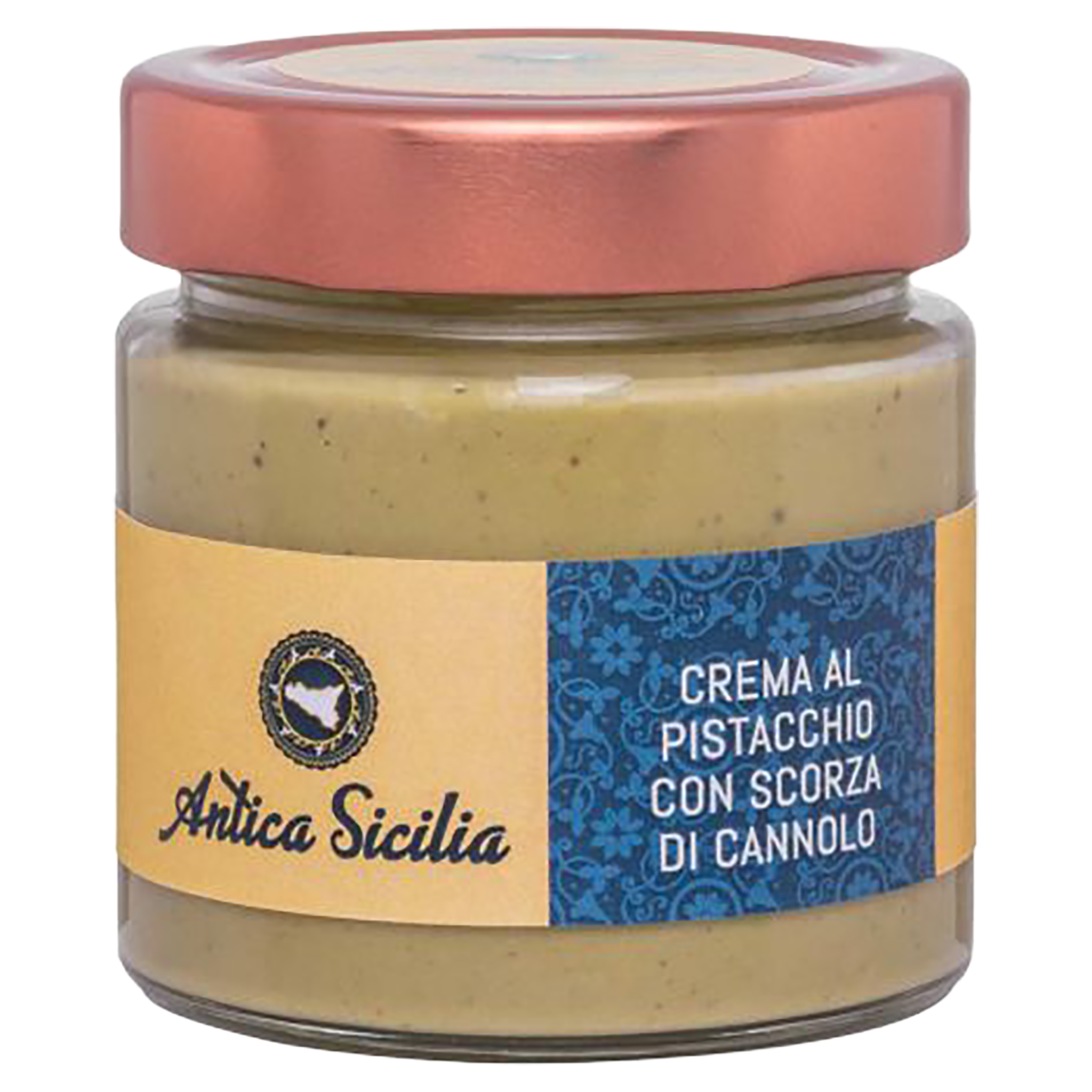 Glasgefäss mit kupferfarbenem Deckel, gefüllt mit Pistaziencreme und Cannolo-Stückchen. Etikett: Antica Sicilia…