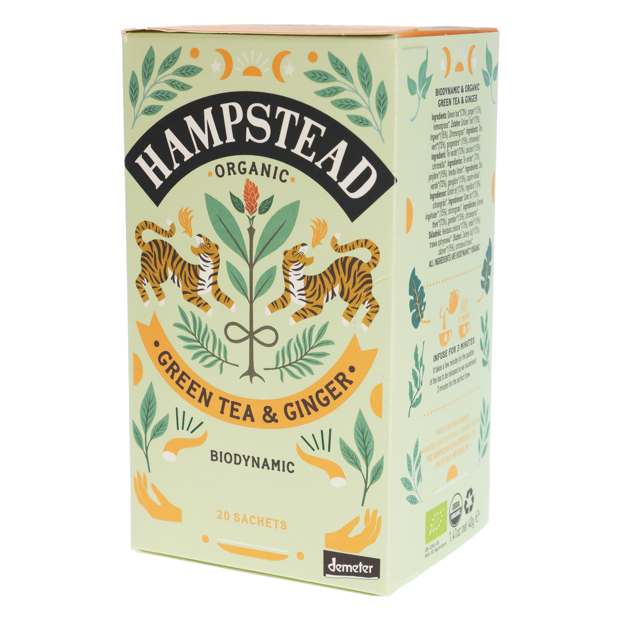 Hampstead Organic Grüntee & Ingwer Teebox, biodynamisch, mit Tigern und Pflanzenmotiv auf hellgrünem Hintergrund.