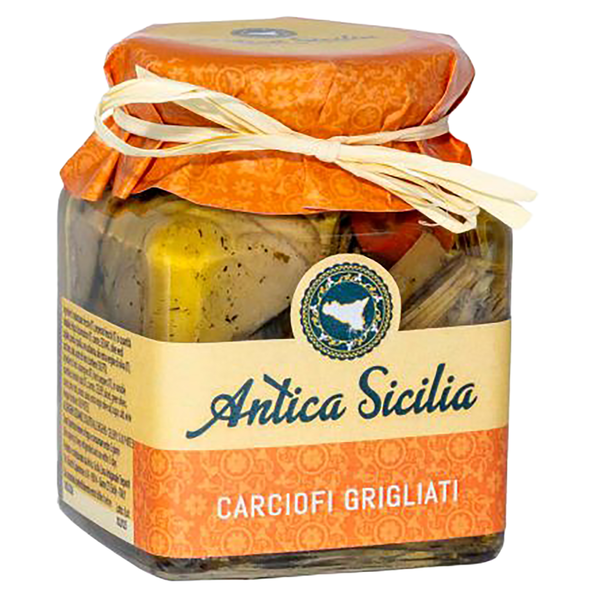 Glasgefäss mit gegrillten Artischocken der Marke Antica Sicilia, Deckel mit orangefarbenem Papier und Band