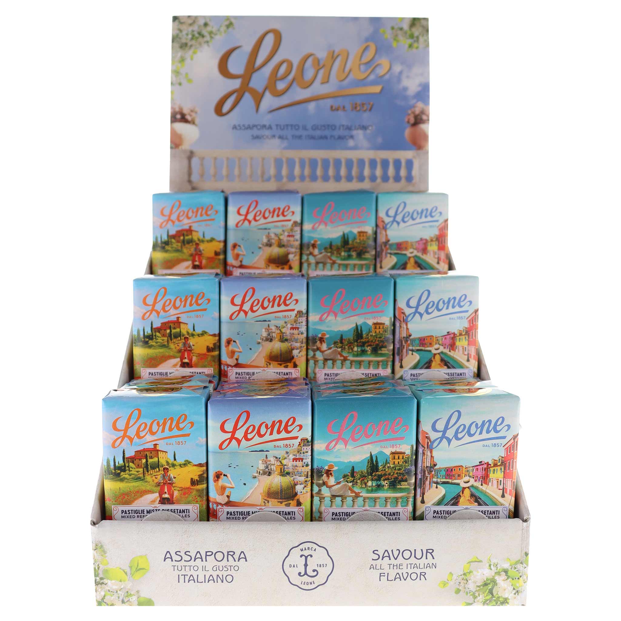 Pastiglie Leone Espositore Paesaggi Italiani 972g aus Piemont, Italien