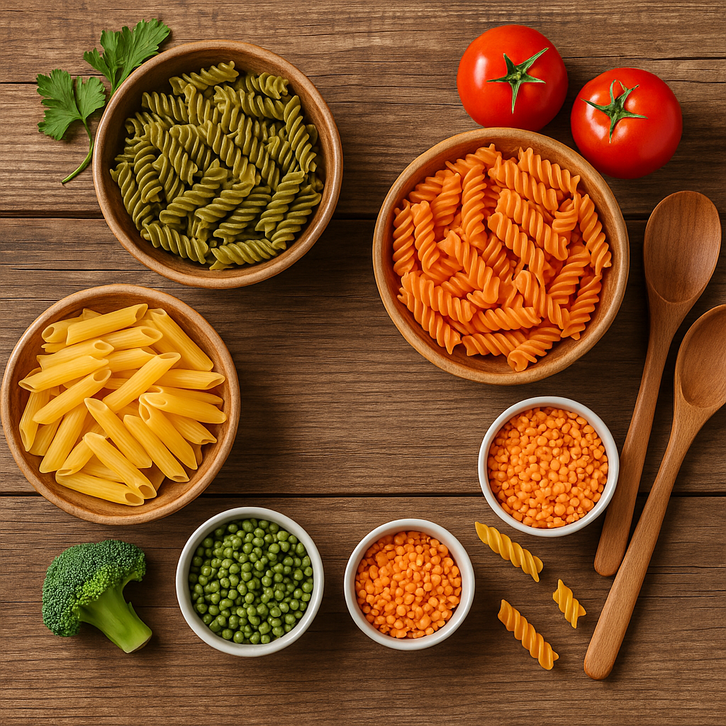 Verschiedene Pasta-Sorten (grüne und orange Fusilli, gelbe Penne), Tomaten, Linsen, Erbsen und Broccoli auf…