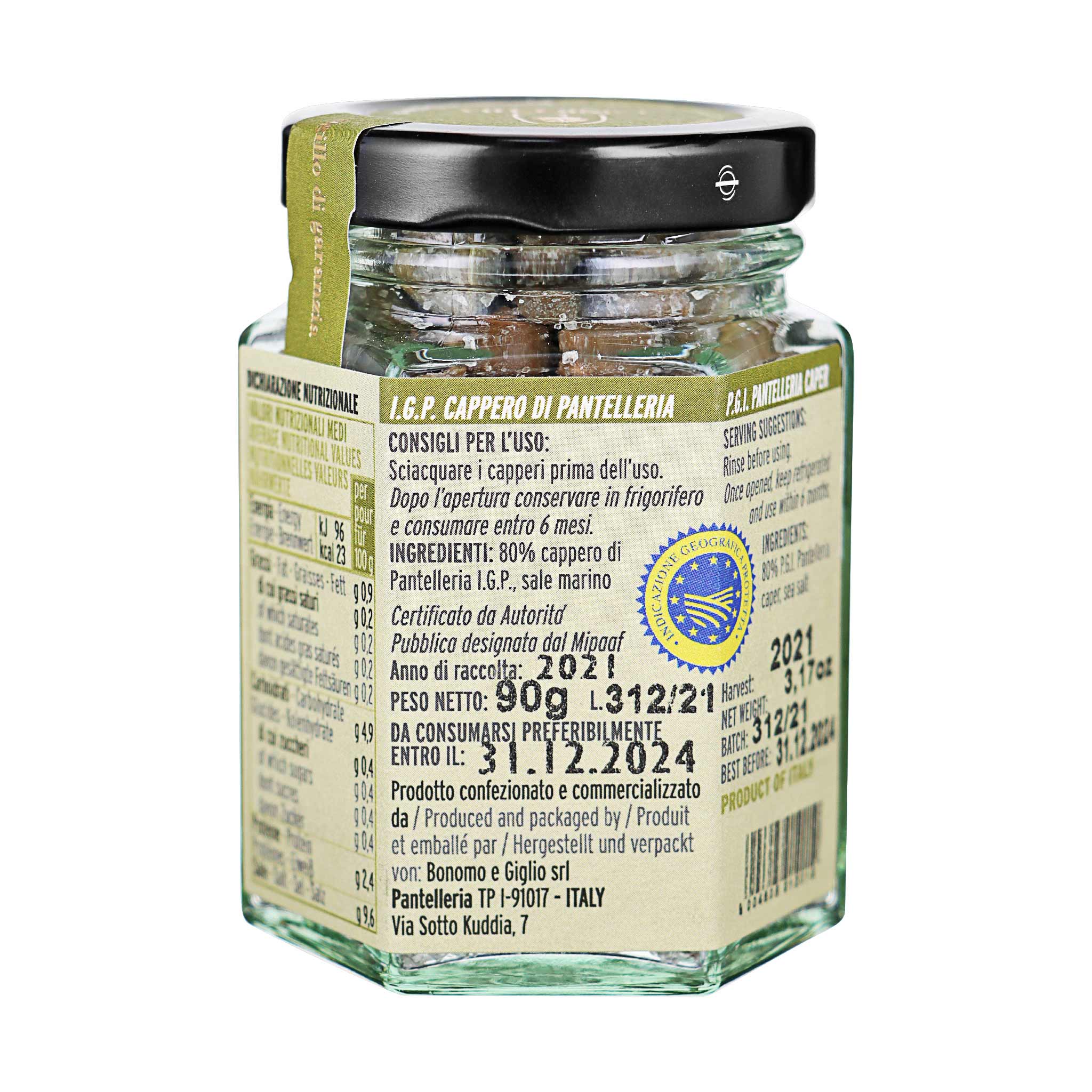 Glas mit I.G.P. Kapern aus Pantelleria von Bonomo e Giglio srl. Label zeigt Details, Ernte 2021, MHD 31.12.2024.