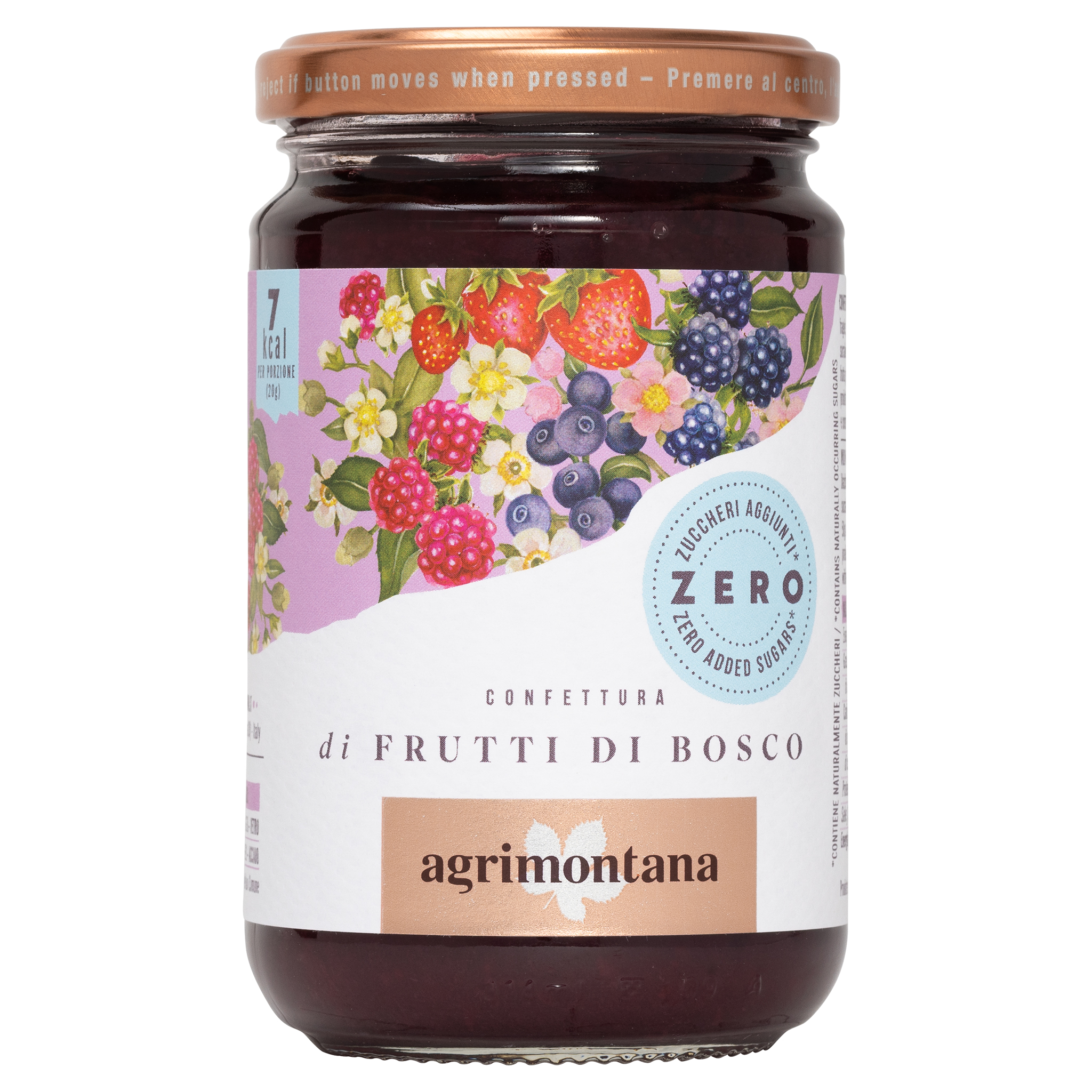 Agrimontana Konfitüre di Frutti di Bosco im Glas. Label mit Beeren, Blumen und 'Zero Added Sugars' Hinweis.