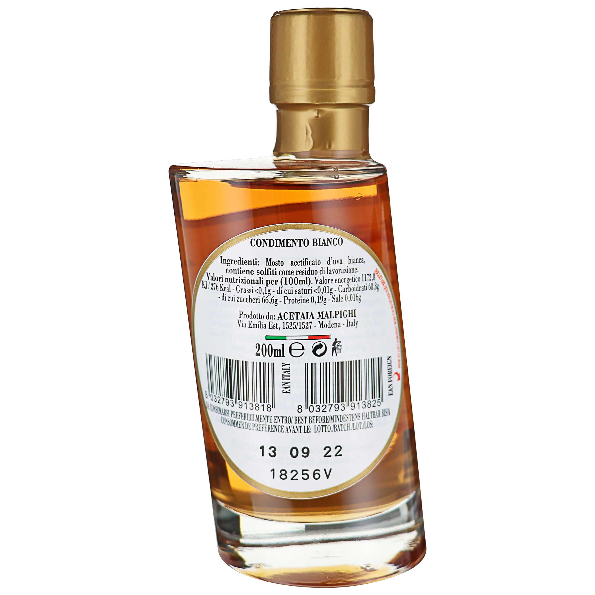Flasche Acetaia Malpighi Condimento Bianco, 200ml, mit goldener Kappe und bernsteinfarbener Flüssigkeit.