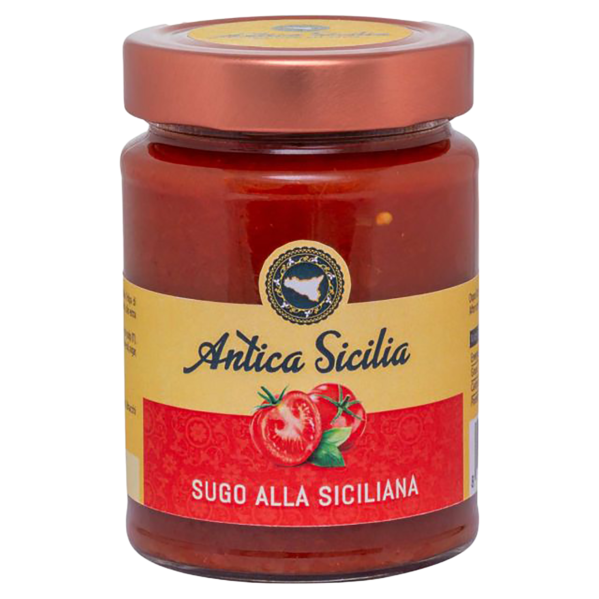 Glasgefäss mit Antica Sicilia Sugo alla Siciliana Tomatensauce. Gelb-rotes Etikett mit Tomaten und Sizilien-Karte.