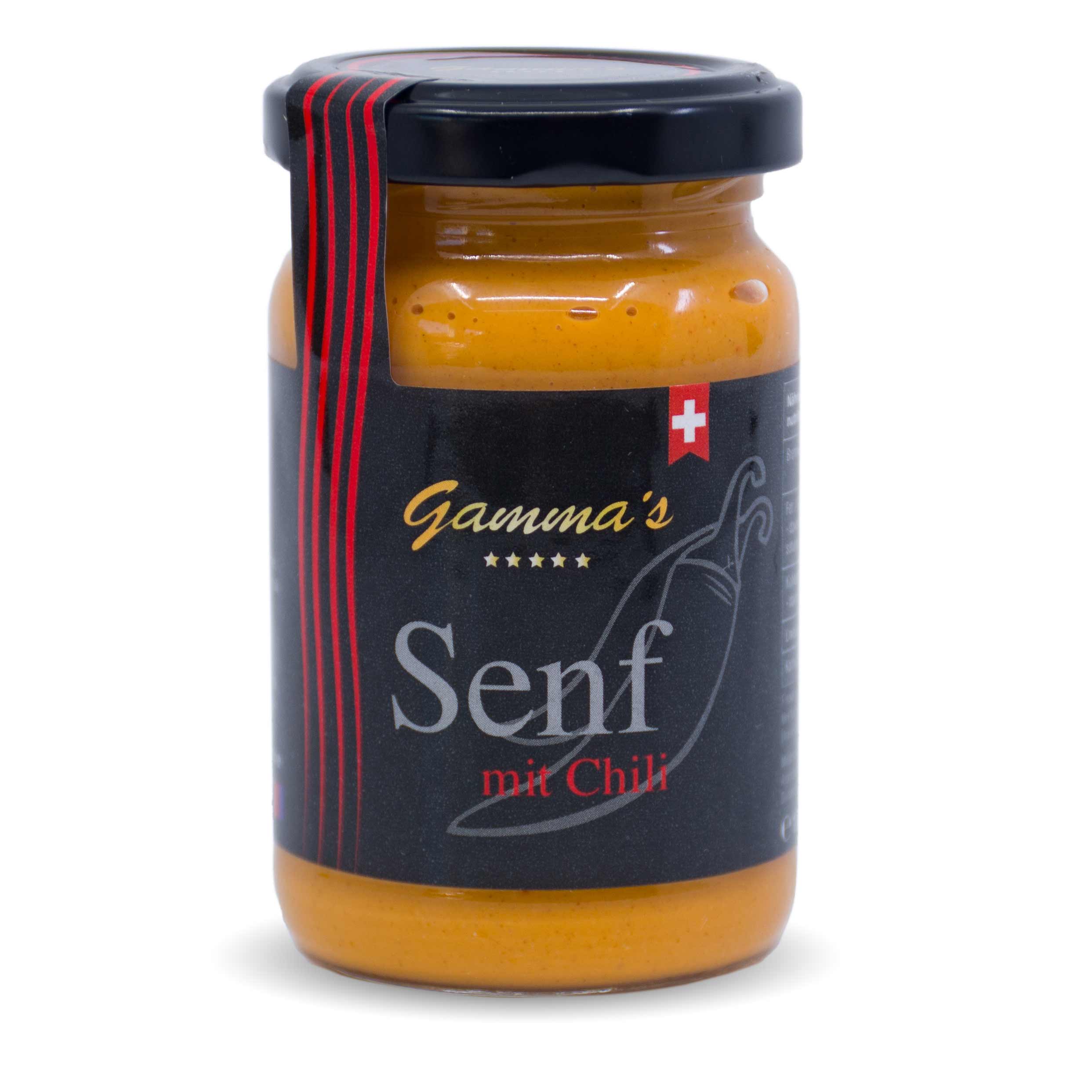 Gamma's Senf mit Chili, 100 ml Flasche aus Tessin, Schweiz.