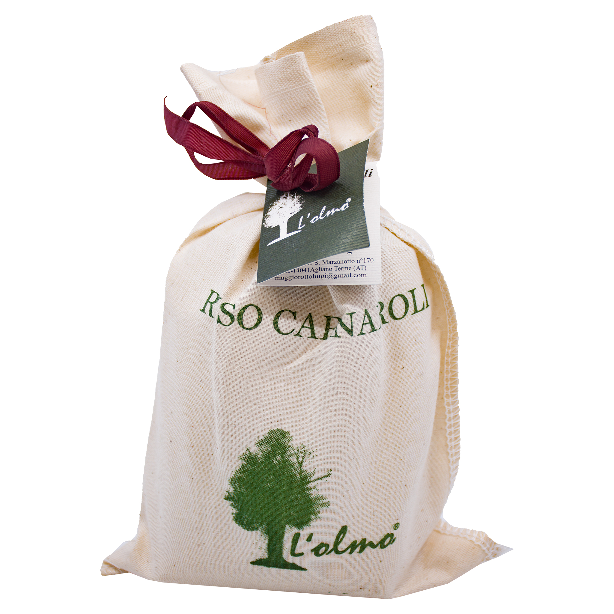 Beiger Stoffbeutel mit rotem Band, grünem Etikett und L'olmo Logo. Aufschrift 'RISO CANAROLI' und Adresse.