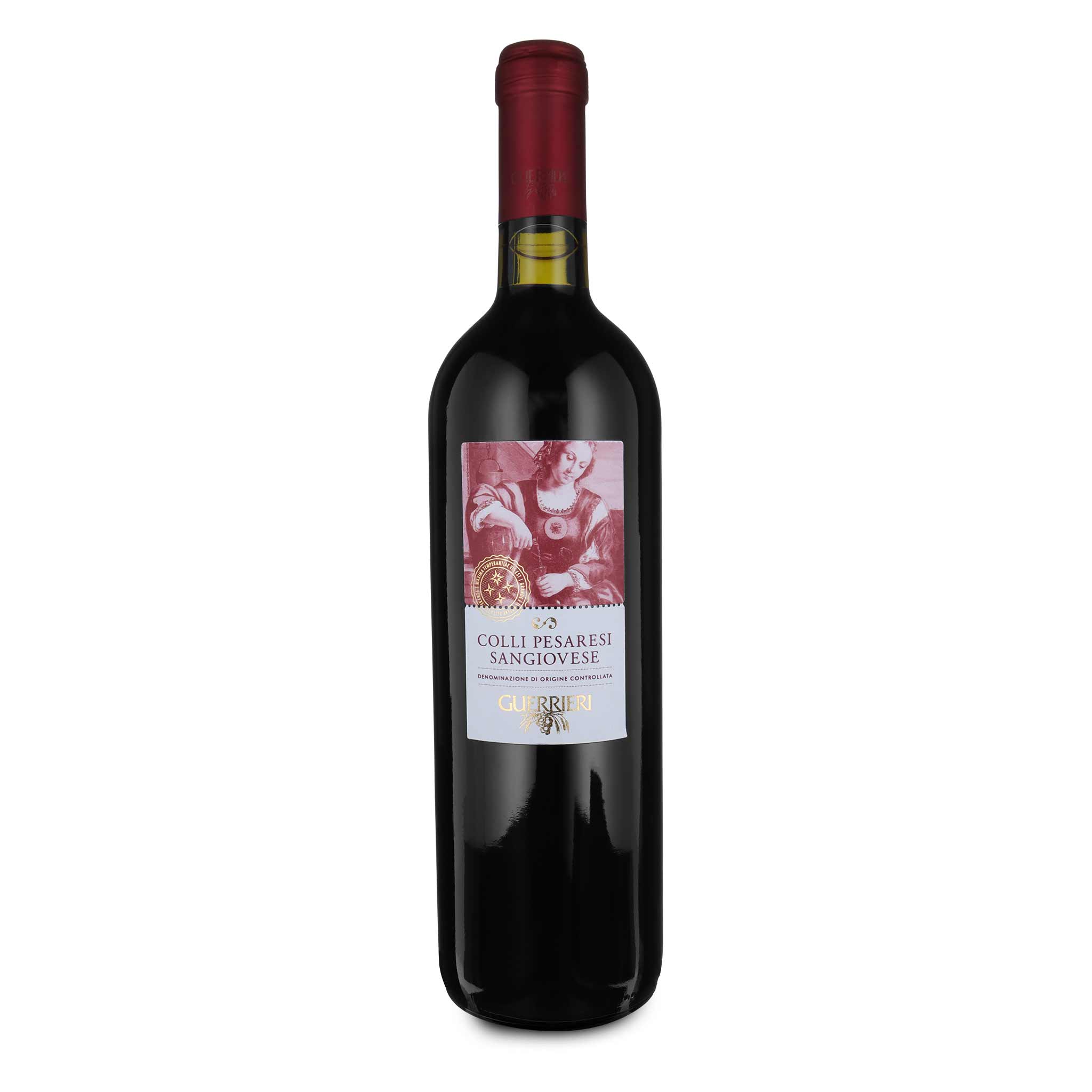 Dunkle Rotweinflasche Guerrieri Colli Pesaresi Sangiovese mit roter Kapsel und Etikett mit klassischem Frauenbild.
