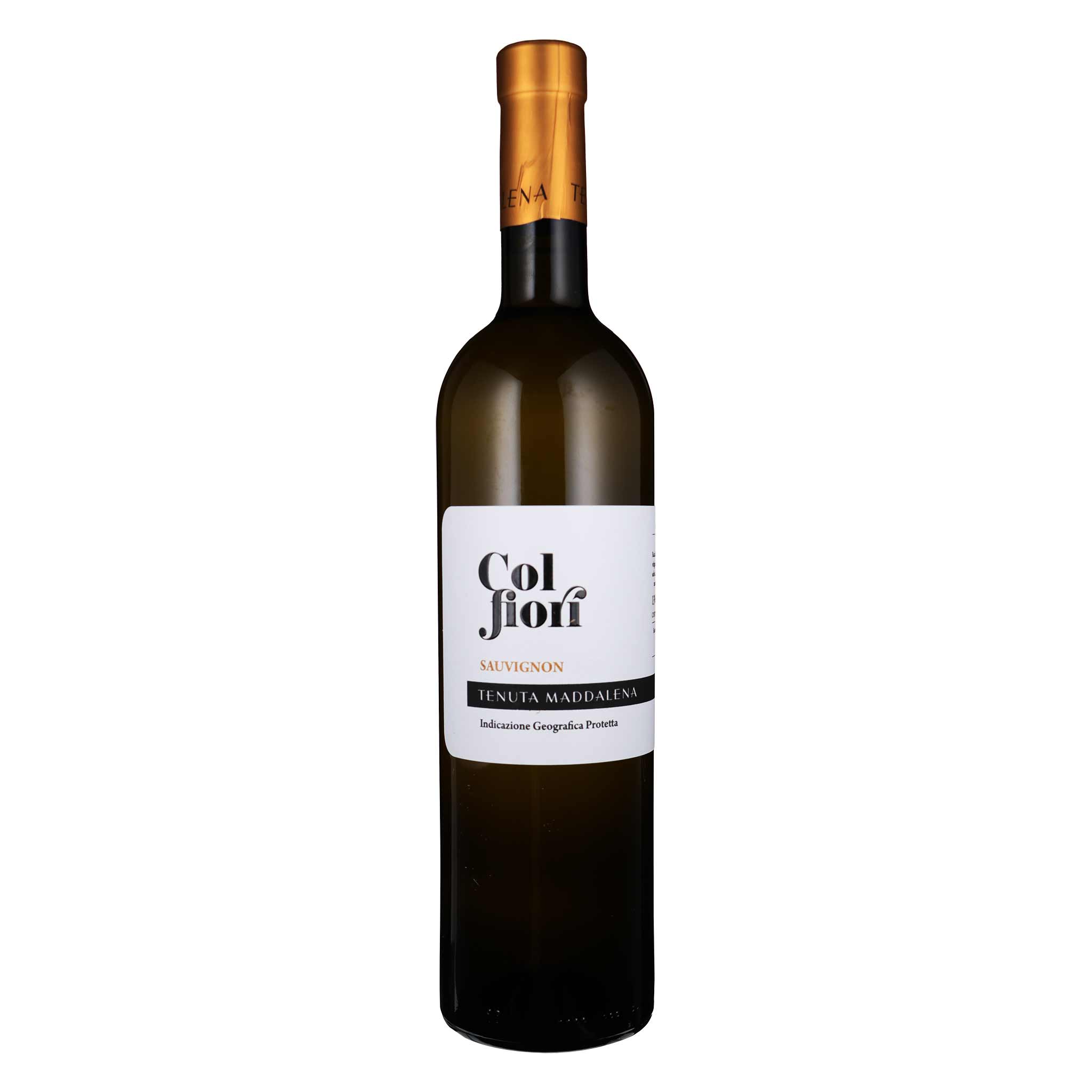Weinflasche Col fiori Sauvignon von Tenuta Maddalena mit weissem Etikett und goldener Kapsel auf weissem Hintergrund.
