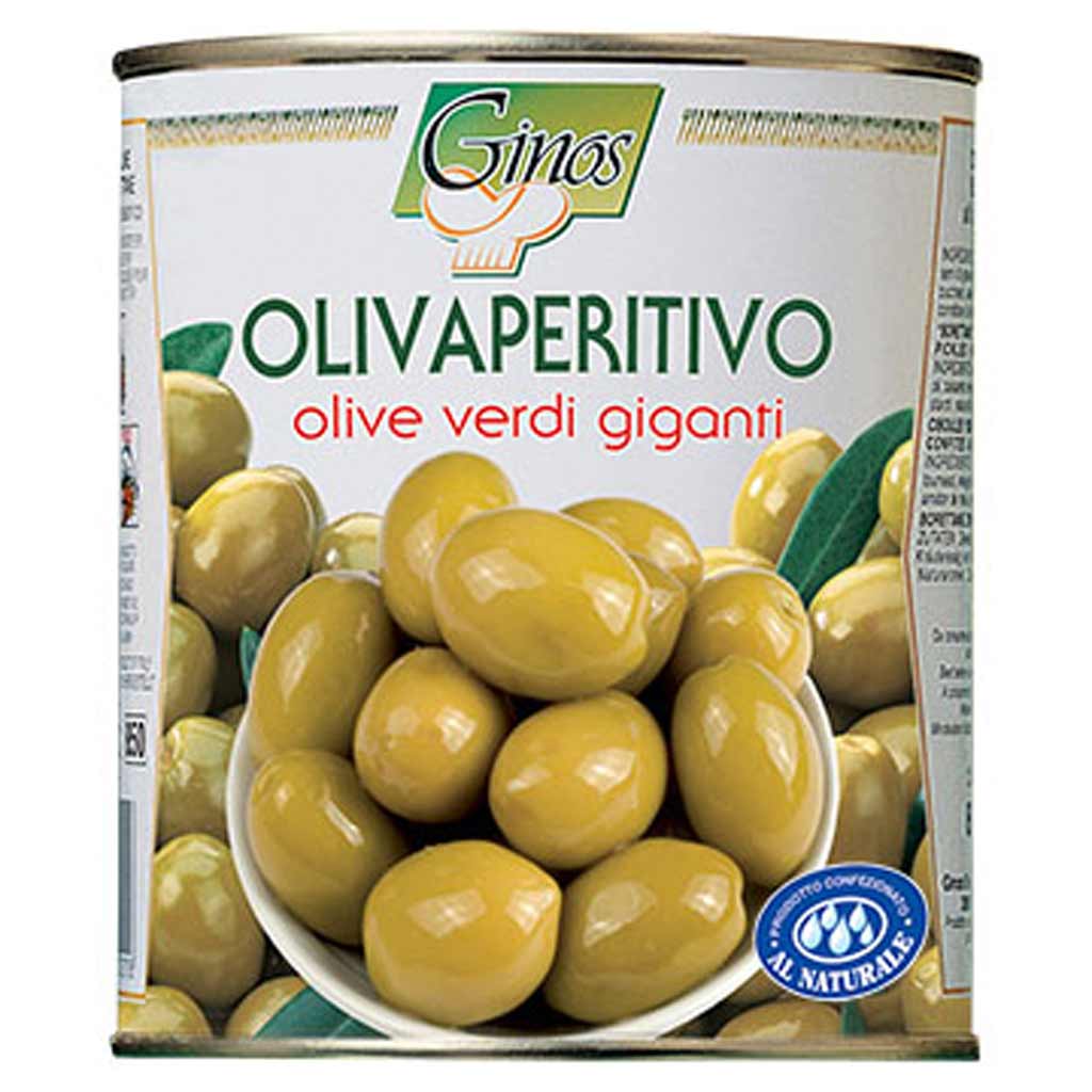 Ginos Olivaperitivo Verdi giganti in salamoia, 1000 g Packung aus Trentino, Italien.