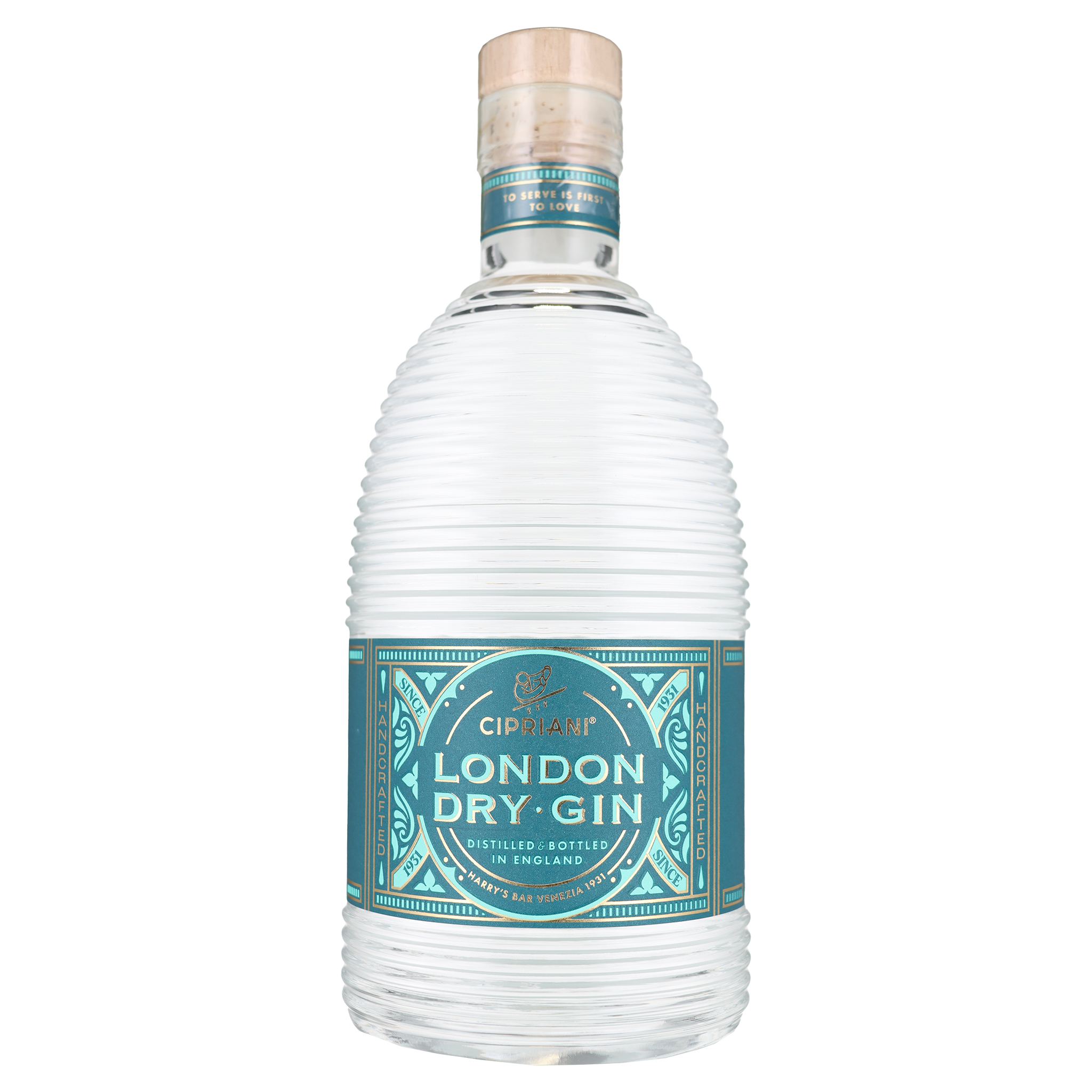 Cipriani London Dry Gin Flasche mit Korken, geripptem Glas und teal-goldenem Etikett. Aufschrift: 'To Serve Is First To…