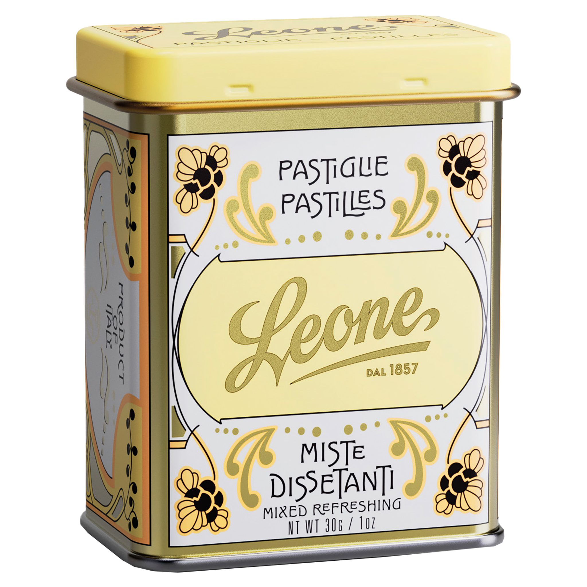 Gelbe Leone Pastillen-Dose mit goldener Schrift und Art Nouveau Design, Aufschrift 'Pastiglie Pastilles', 30g