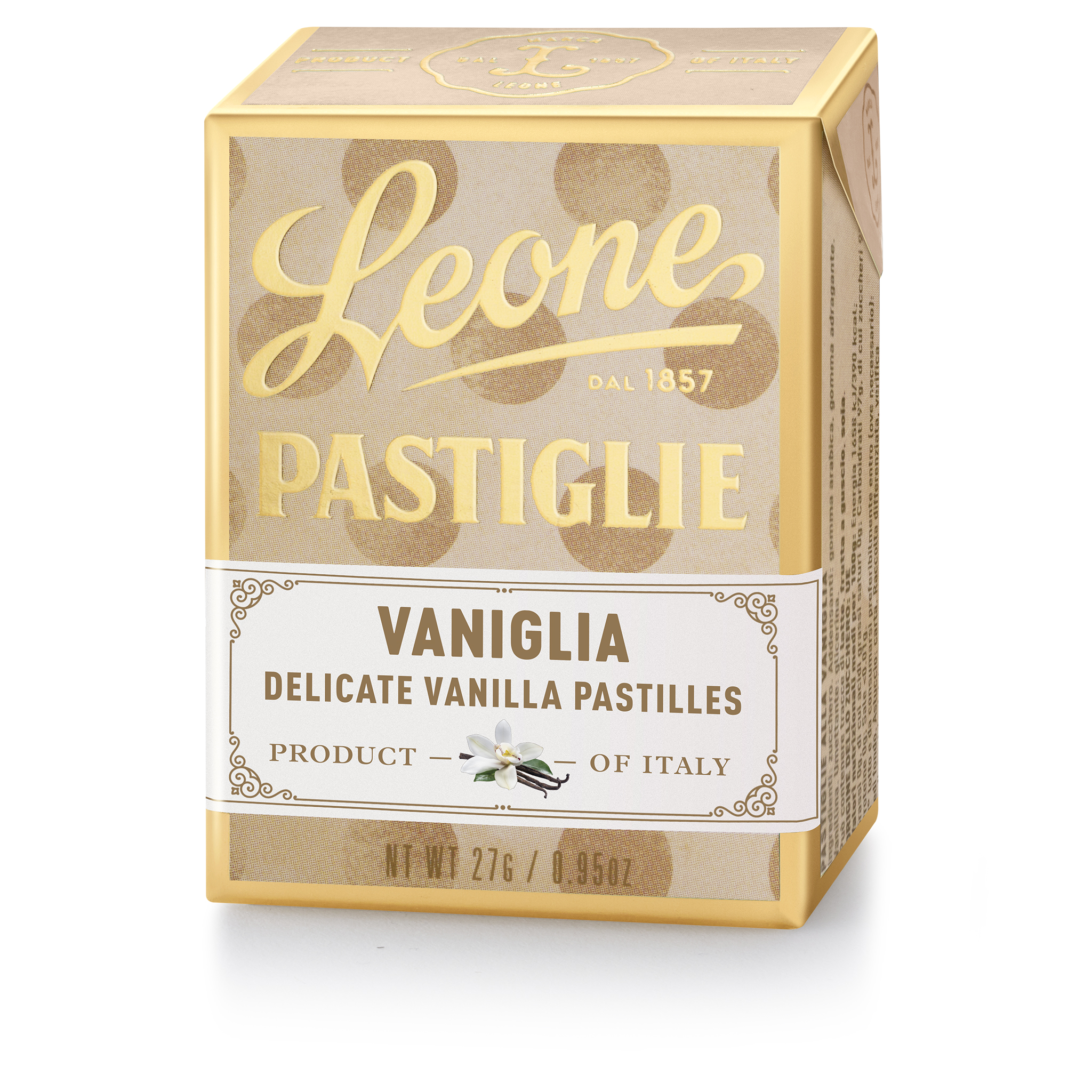 Leone Pastiglie Vaniglia, goldene Schachtel mit Vanille-Pastillen, goldener Schriftzug und Tupfenmuster.