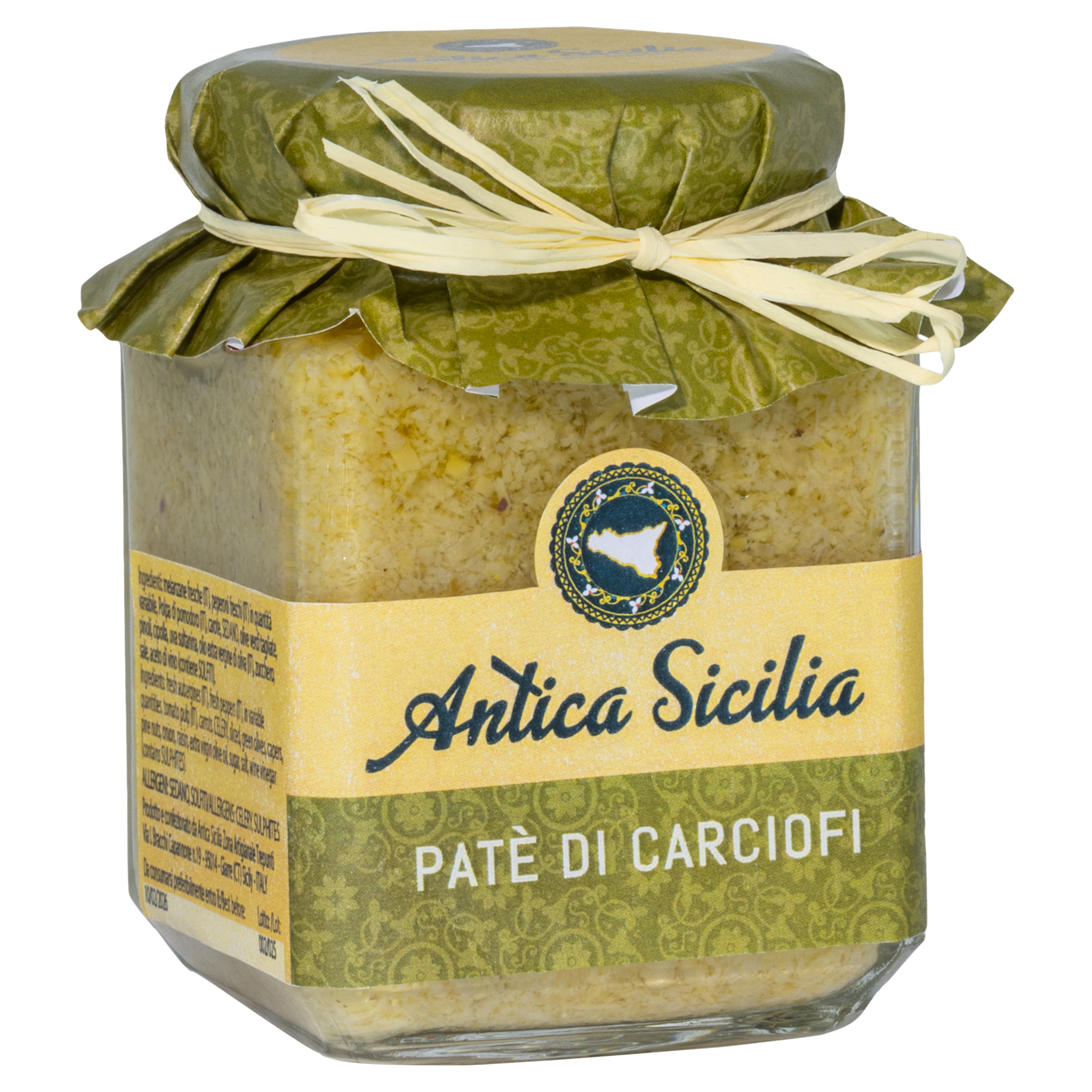 Glas mit Artischocken-Paté von Antica Sicilia. Grüner Deckel mit gelber Schleife, gelbes Etikett mit Sizilien-Logo.