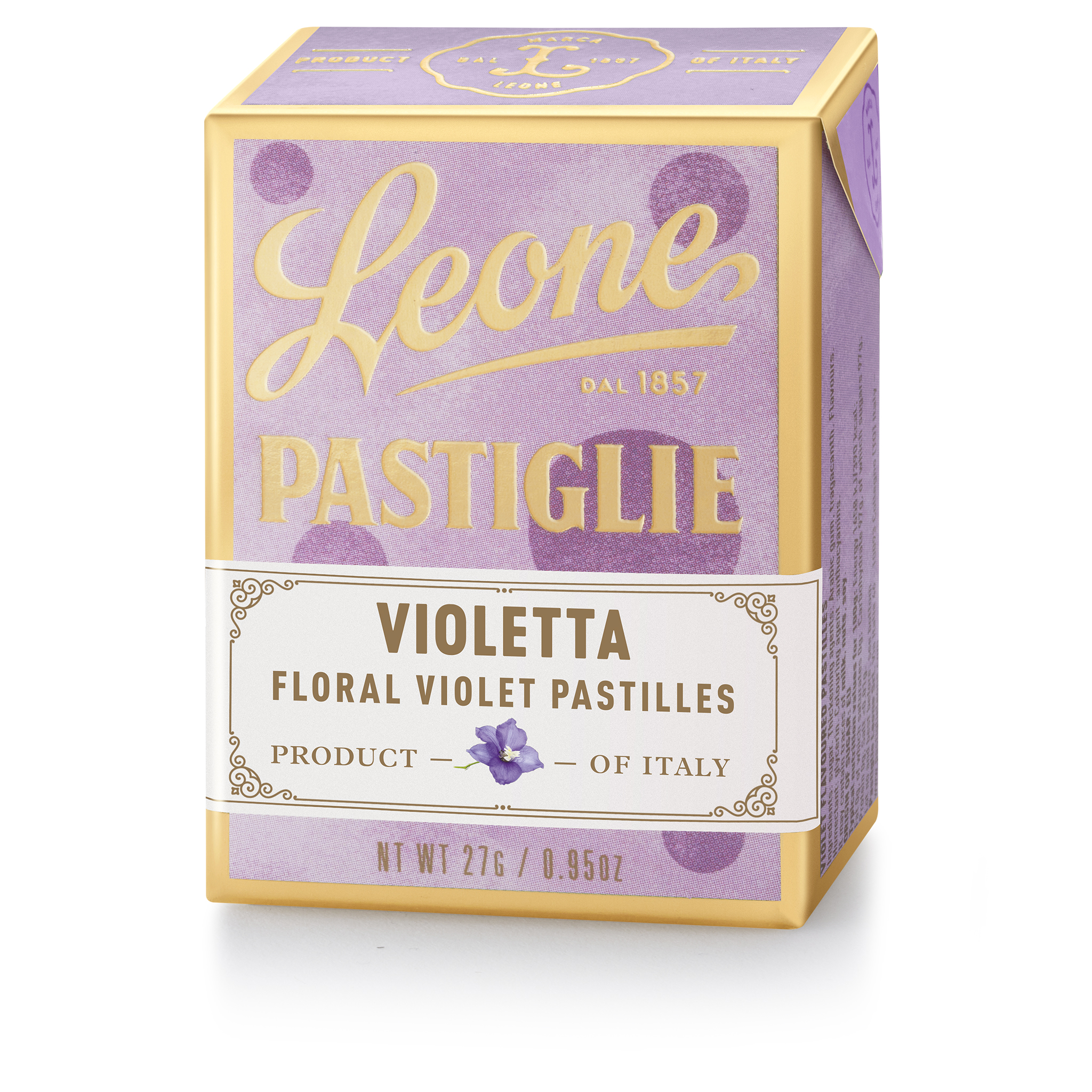 Leone Pastiglie Violetta, florale Veilchen-Pastillen in violetter Schachtel mit Goldrahmen, Produkt aus Italien.
