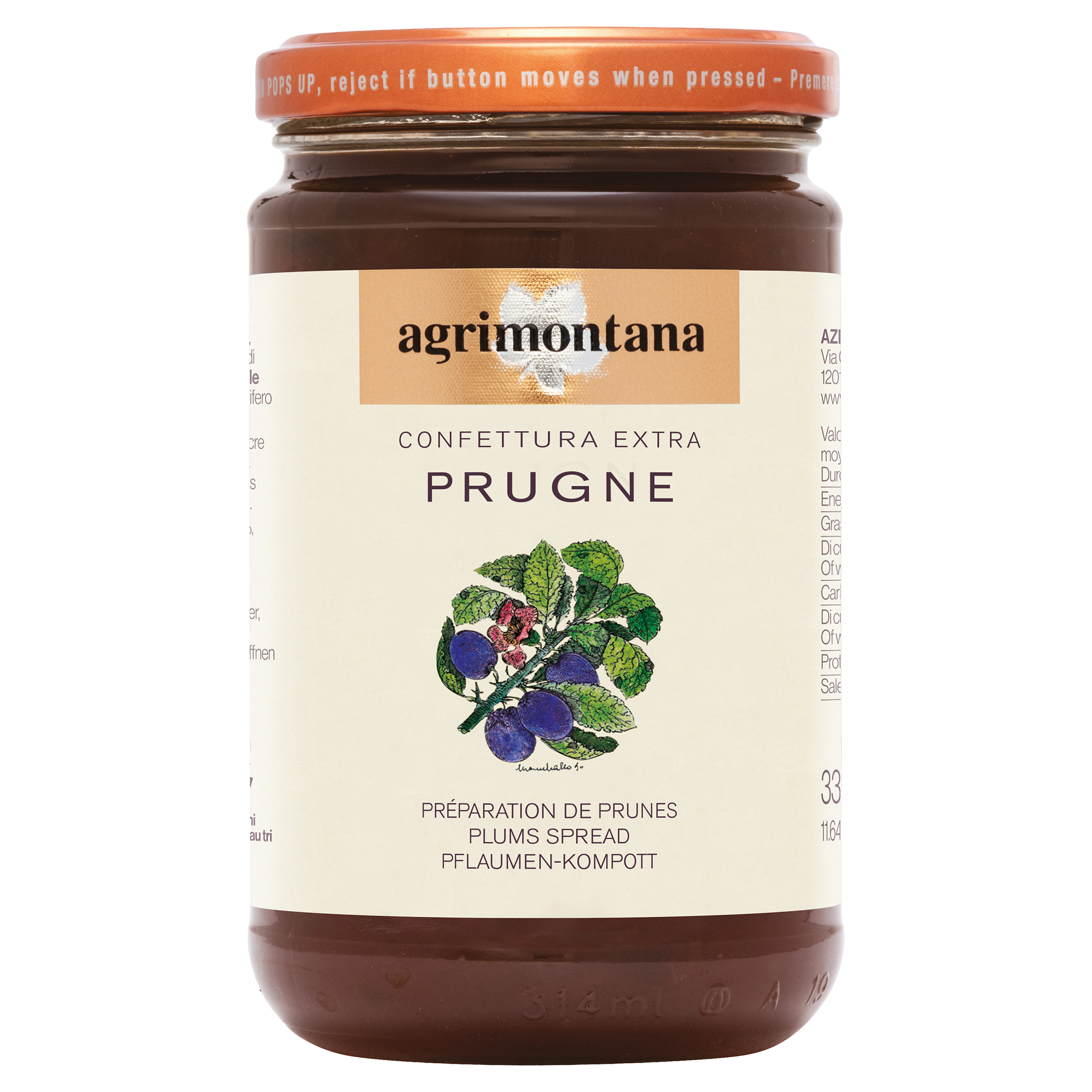 Agrimontana Pflaumen-Konfitüre im Glas, mit Etikett und Illustration von Pflaumen am Zweig auf weissem Hintergrund.